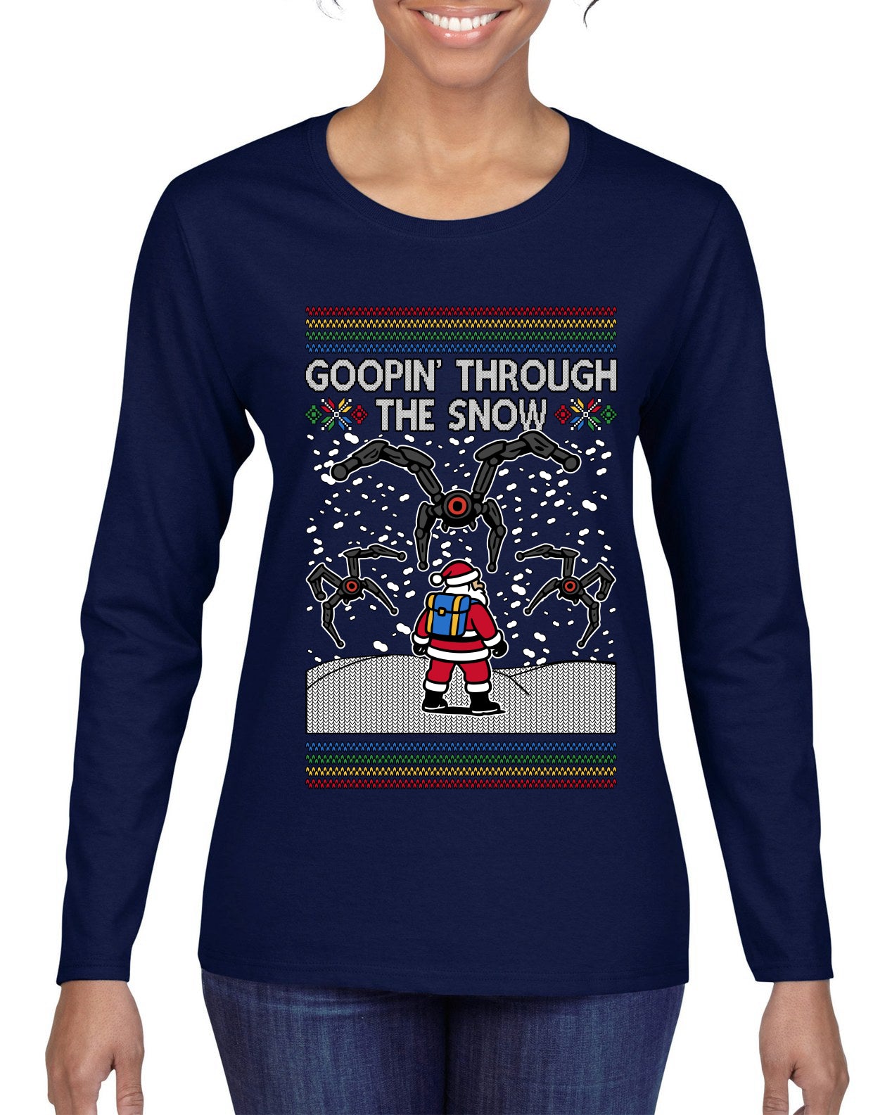 Goopin' Through The Snow Gamer Santa, Ugly Christmas Sweater Womens Graphic Long Sleeve T-Shirt