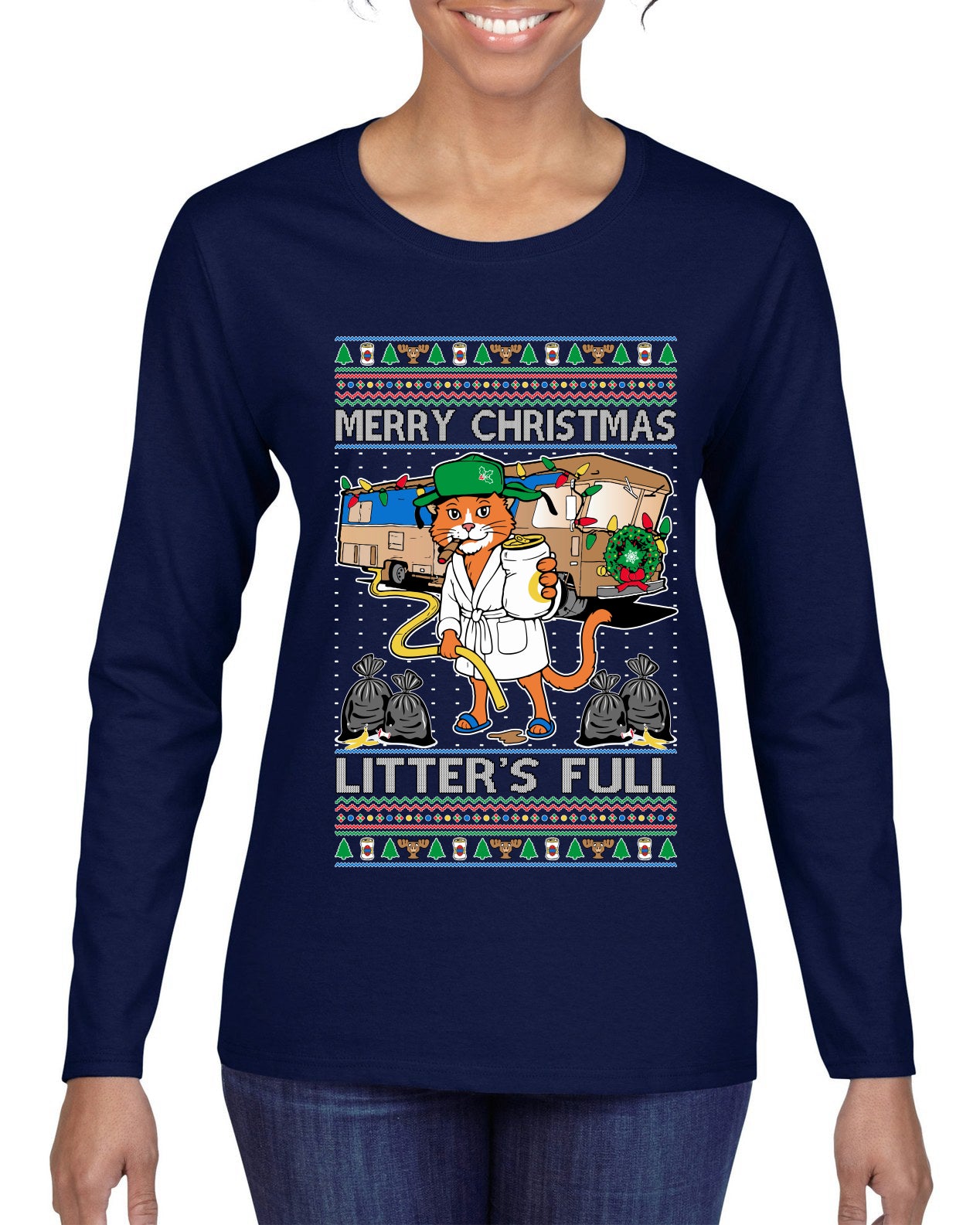 Litters Full Cat, Ugly Christmas Sweater Womens Graphic Long Sleeve T-Shirt