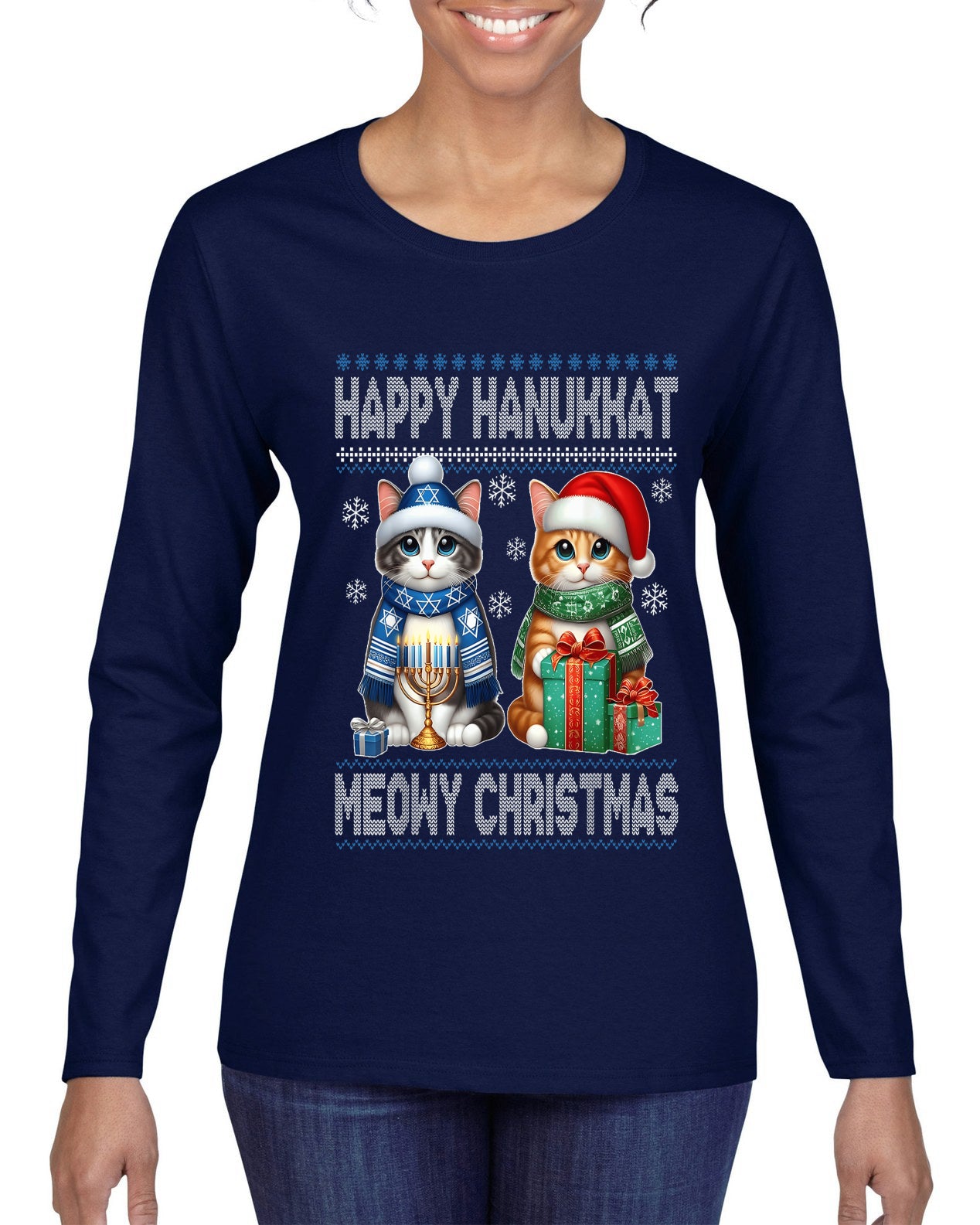 Happy Hanukkat Meowy Christmas, Ugly Christmas Sweater Womens Graphic Long Sleeve T-Shirt