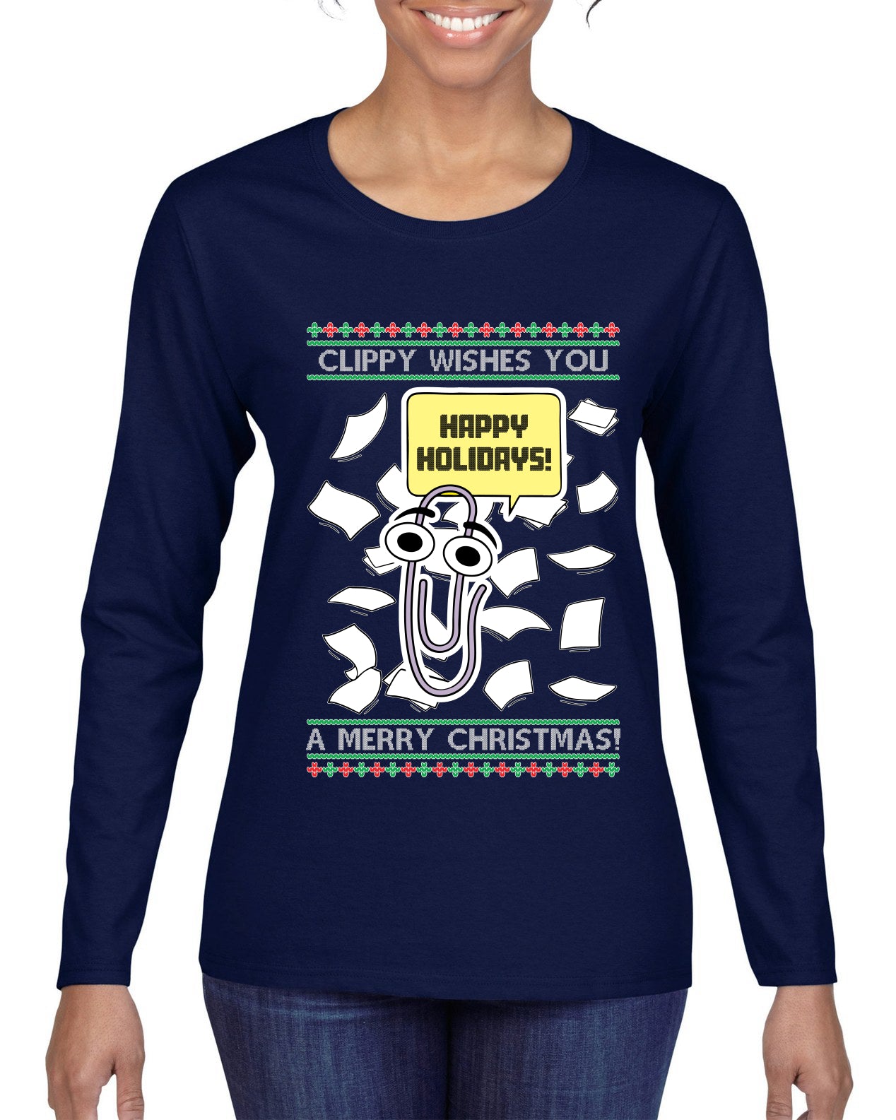 Clippy Wishes You A Merry Christmas Office Assistant, Ugly Christmas Sweater Womens Graphic Long Sleeve T-Shirt