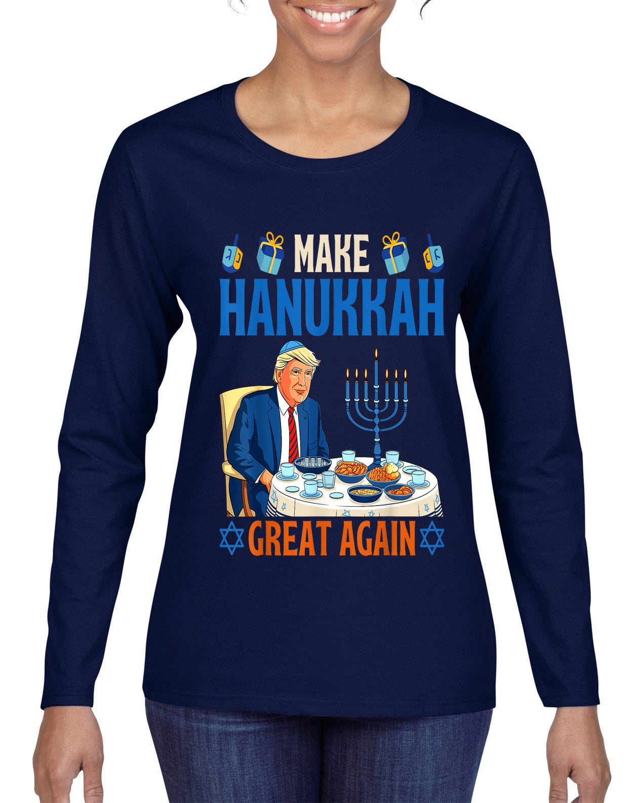 Make Hanukkah Great Again, Ugly Christmas Sweater Womens Graphic Long Sleeve T-Shirt