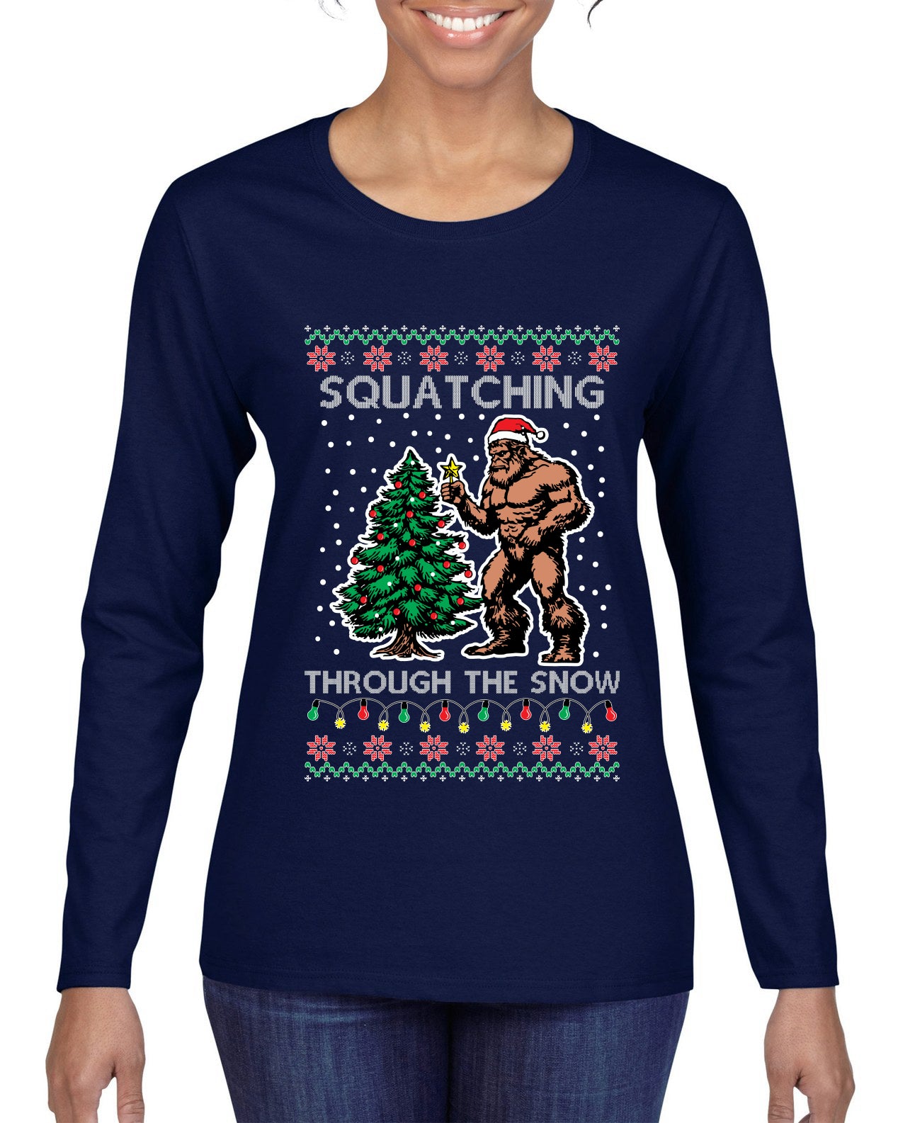 Squatching Through The Snow Bigfoot, Ugly Christmas Sweater Womens Graphic Long Sleeve T-Shirt