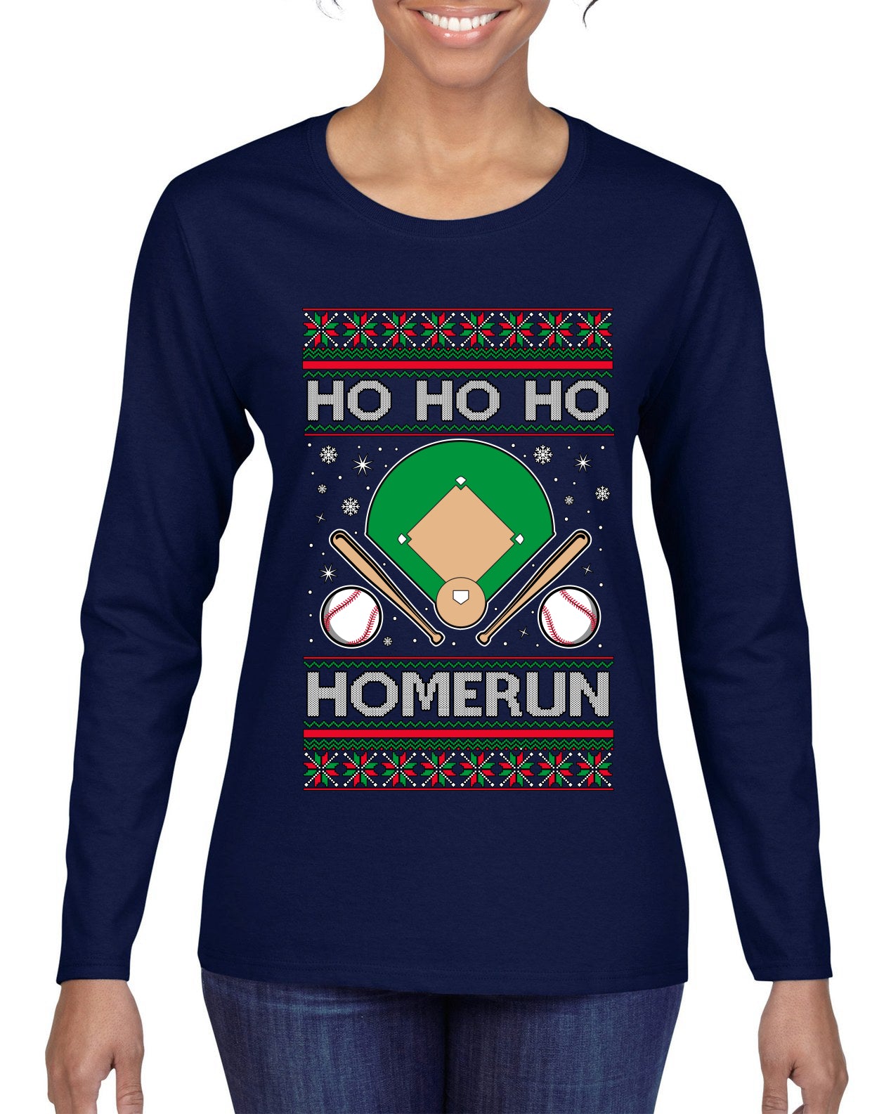 Ho Ho Ho Homerun, Baseball Fan Christmas Design, Ugly Christmas Sweater Womens Graphic Long Sleeve T-Shirt