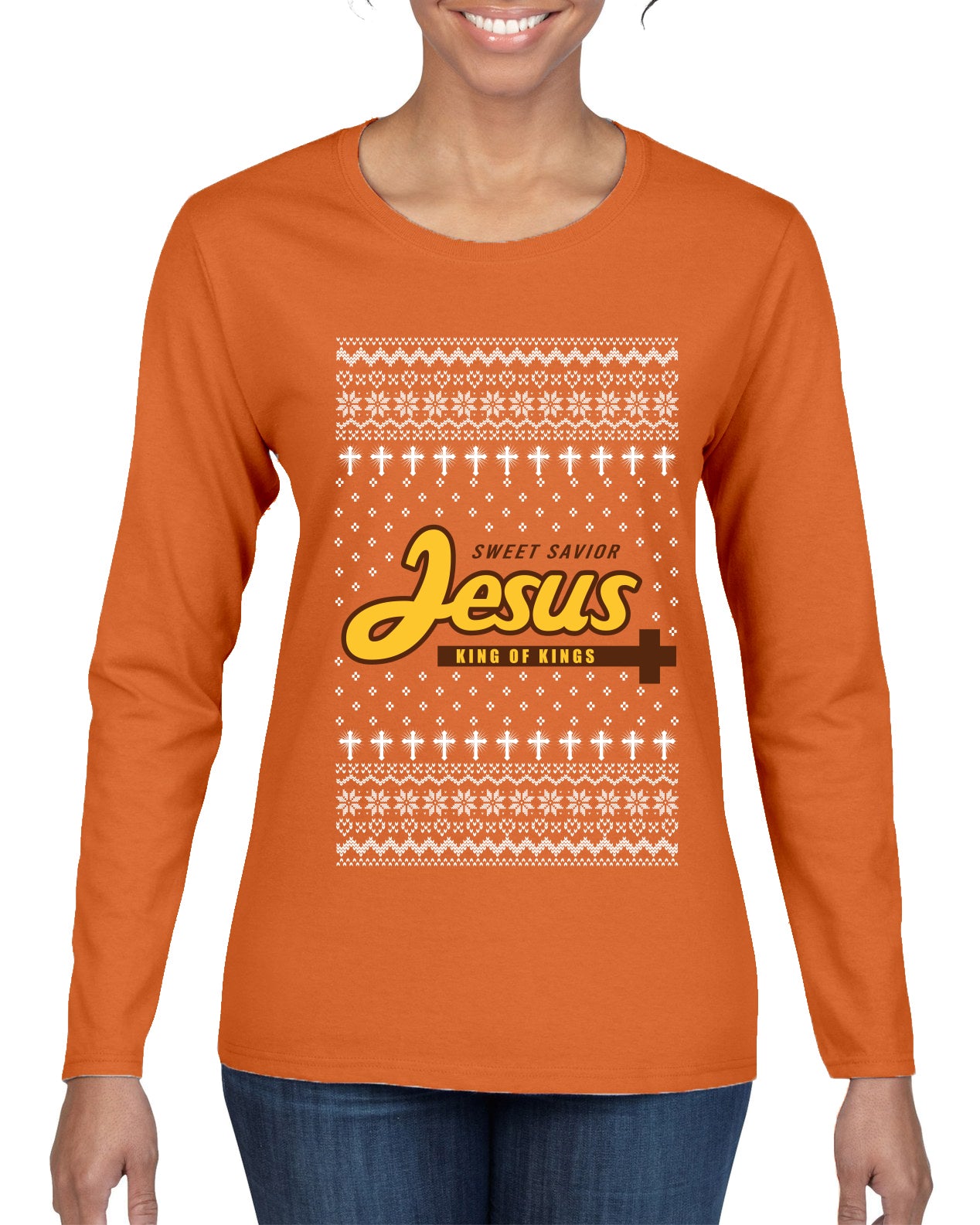 Sweet Savior Jesus Peanut Butter Chocolate Parody, Ugly Christmas Sweater Womens Graphic Long Sleeve T-Shirt