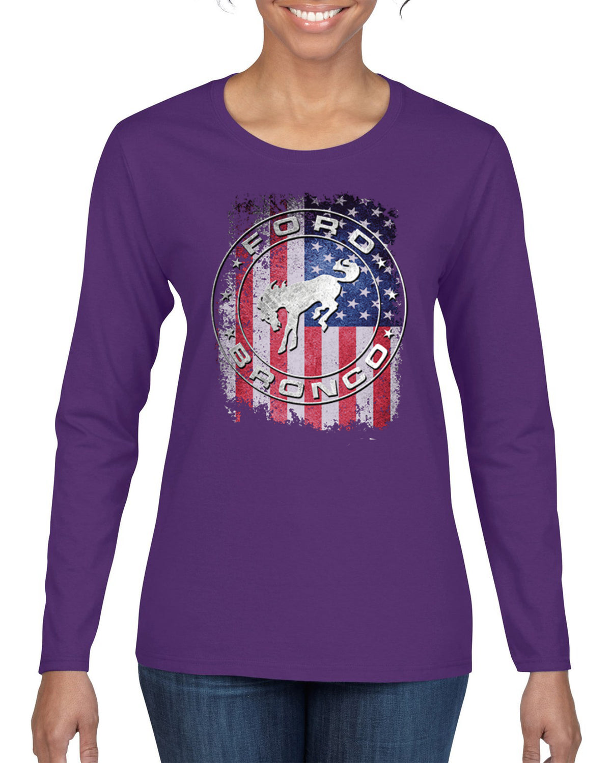 US Flag Ford Bronco Cars and Trucks Womens Graphic Long Sleeve T-Shirt