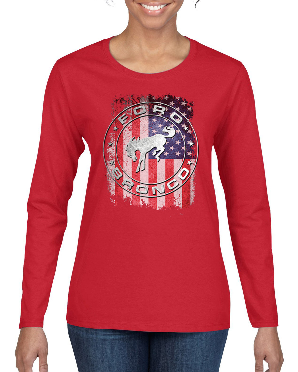 US Flag Ford Bronco Cars and Trucks Womens Graphic Long Sleeve T-Shirt
