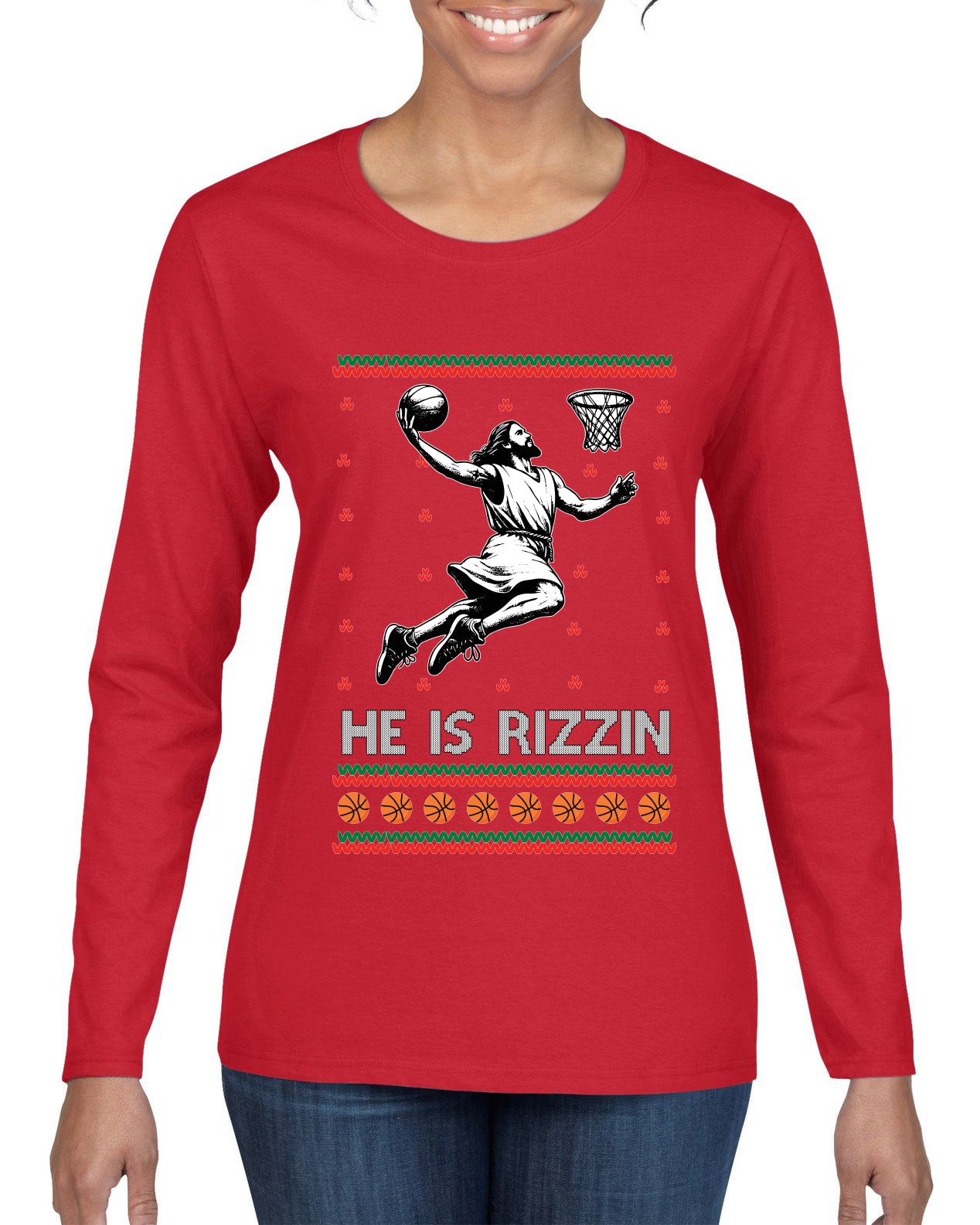He Is Rizzin, Ugly Christmas Sweater Womens Graphic Long Sleeve T-Shirt