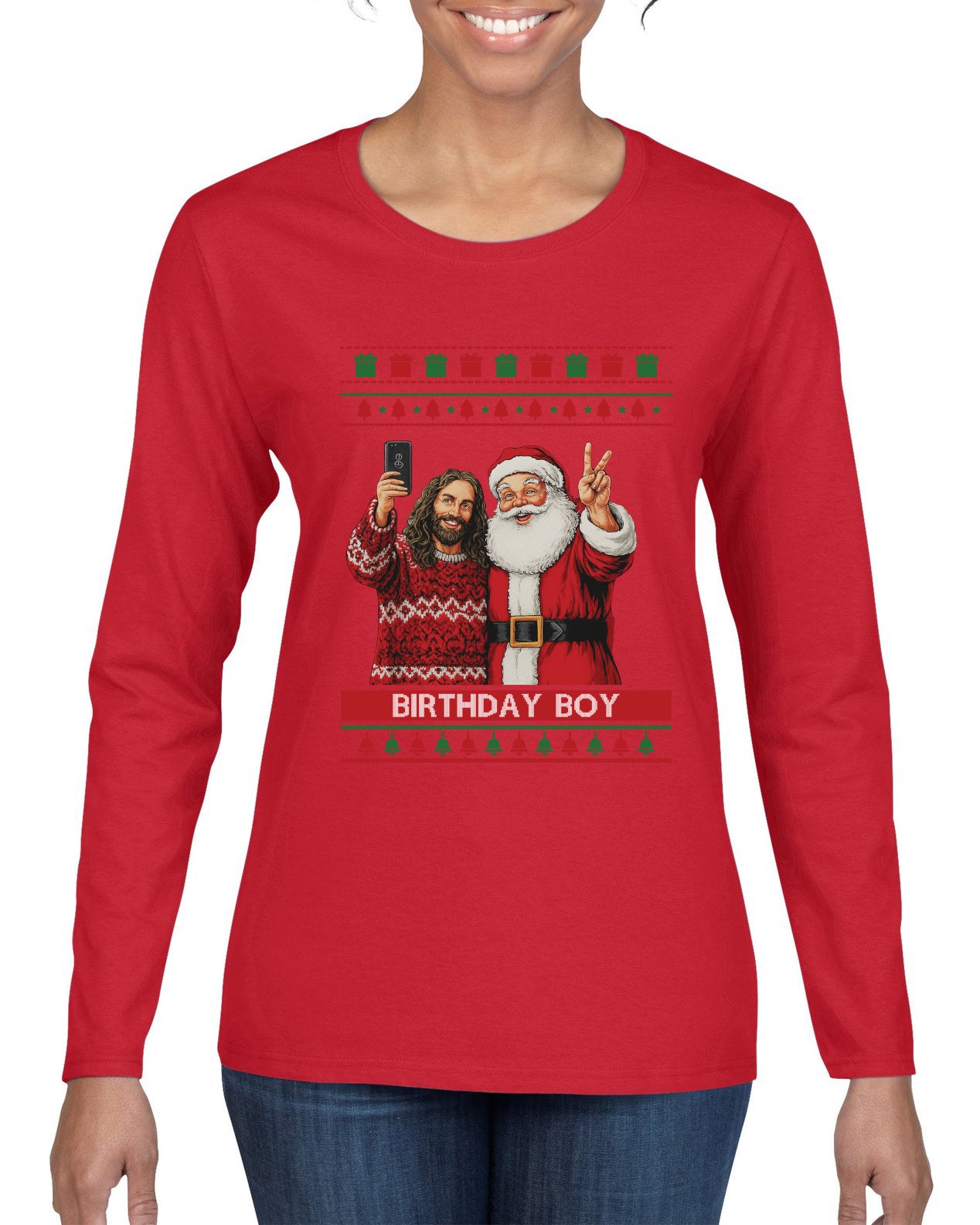 Birthday Boy Jesus, Ugly Christmas Sweater Womens Graphic Long Sleeve T-Shirt