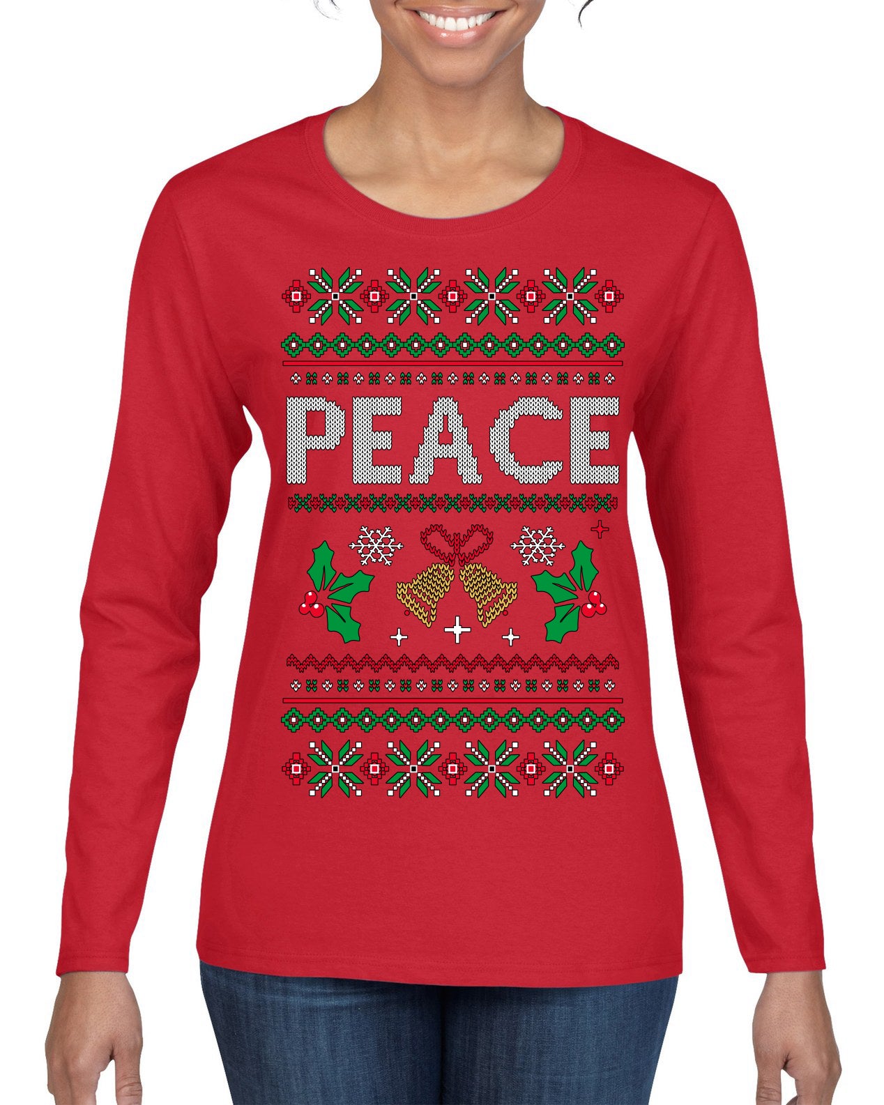 Peace Ugly Christmas Sweater Womens Graphic Long Sleeve T-Shirt