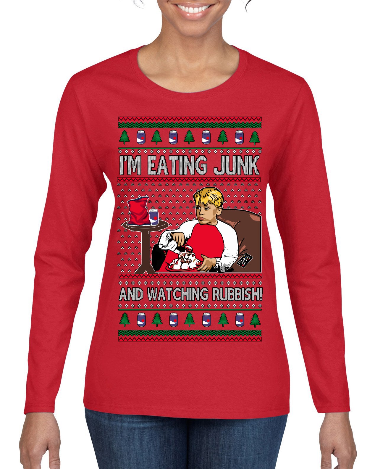 I'm Eating Junk and Watching Rubbish 90s Movie Ice Cream Ugly Christmas Sweater Womens Graphic Long Sleeve T-Shirt
