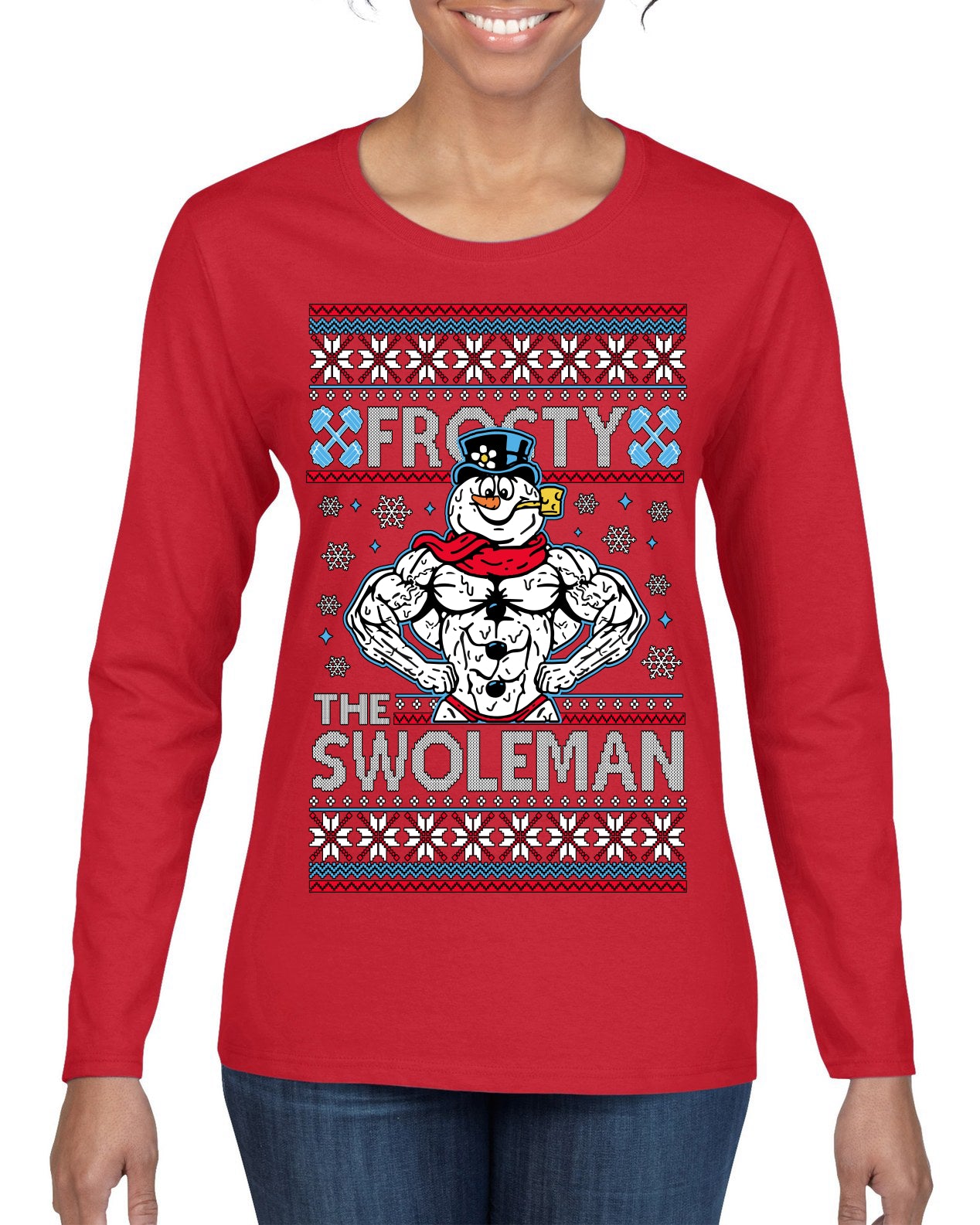Frosty the Swoleman Funny Workout Lifting Snowman MovieUgly Christmas Sweater Womens Graphic Long Sleeve T-Shirt