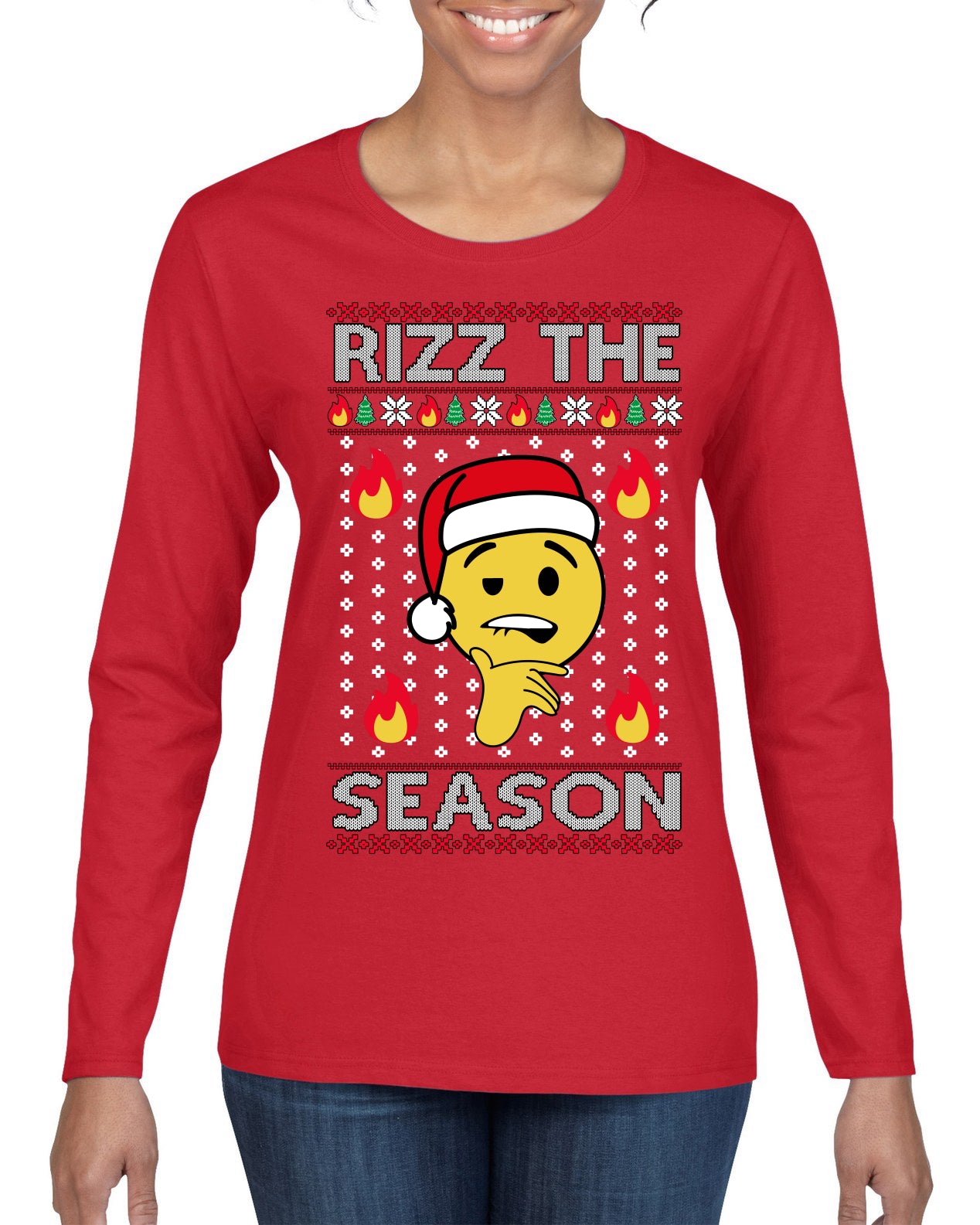 Rizz the Season Viral Internet Fire Emoji Face Meme Ugly Christmas Sweater Womens Graphic Long Sleeve T-Shirt