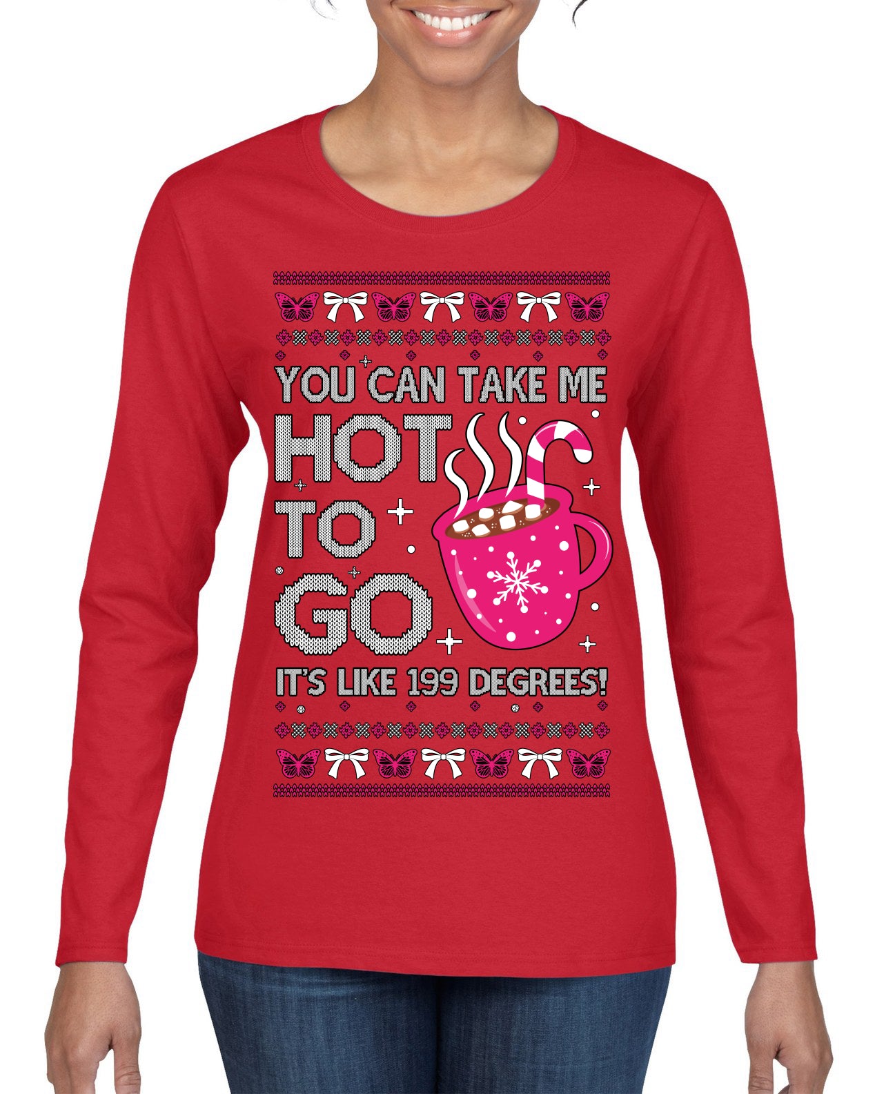 You Can Take Me Hot to Go, Hot Cocoa Viral Song Pop Music Ugly Christmas Sweater Womens Graphic Long Sleeve T-Shirt