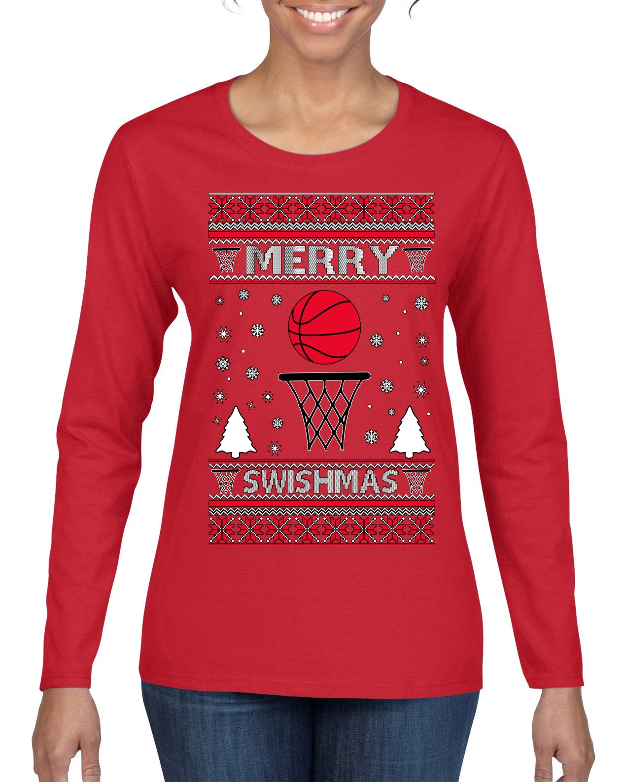 Merry Swishmas Basketball Sports Ugly Christmas Sweater Womens Graphic Long Sleeve T-Shirt