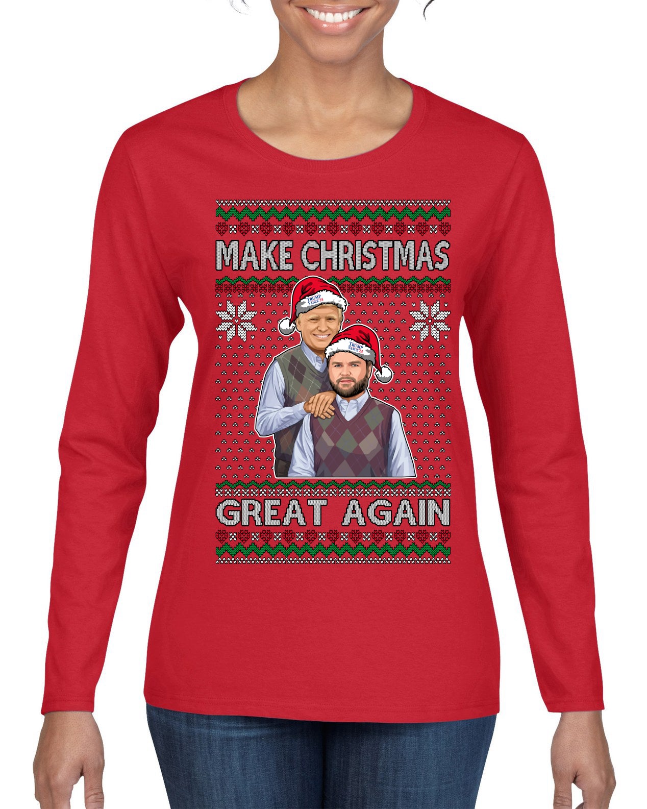 Make Christmas Great Again Trump Vance 2024 Movie Parody Ugly Christmas Sweater Womens Graphic Long Sleeve T-Shirt