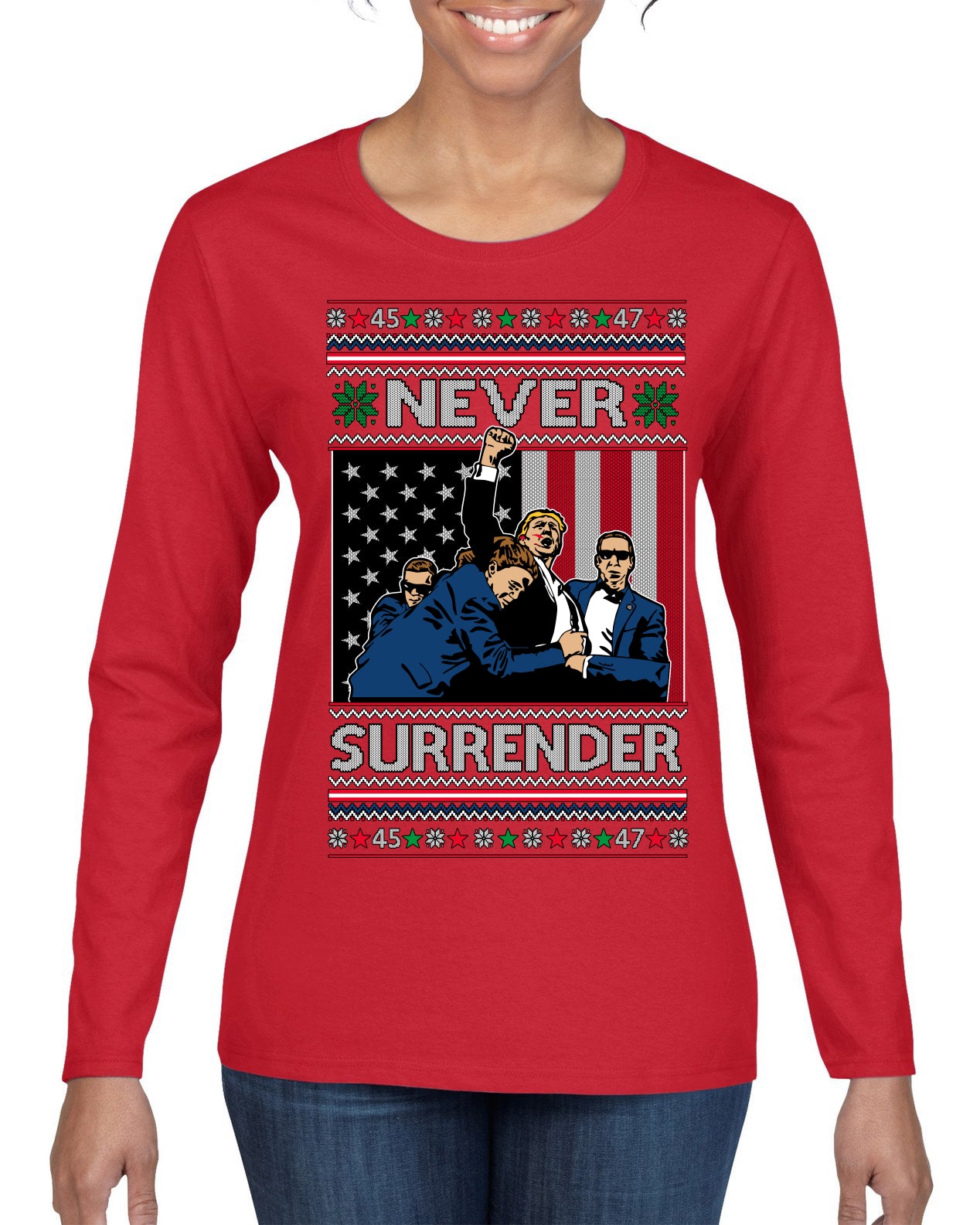 Never Surrender Pro Donald Trump Fight Fist Pump 2024 Ugly Christmas Sweater Womens Graphic Long Sleeve T-Shirt