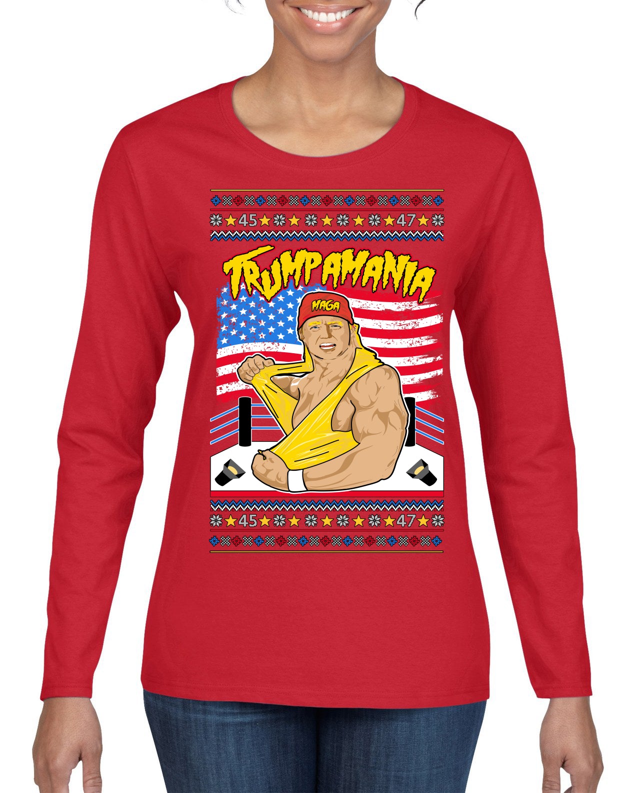 Trumpamania Funny Hogan 80s USA Wrestling Sports Parody Ugly Christmas Sweater Womens Graphic Long Sleeve T-Shirt