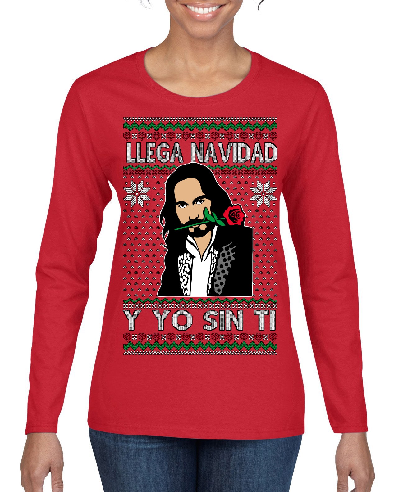Llega Navidad Y Yo Sin Ti Christmas Is Coming Marco Ugly Christmas Sweater Womens Graphic Long Sleeve T-Shirt