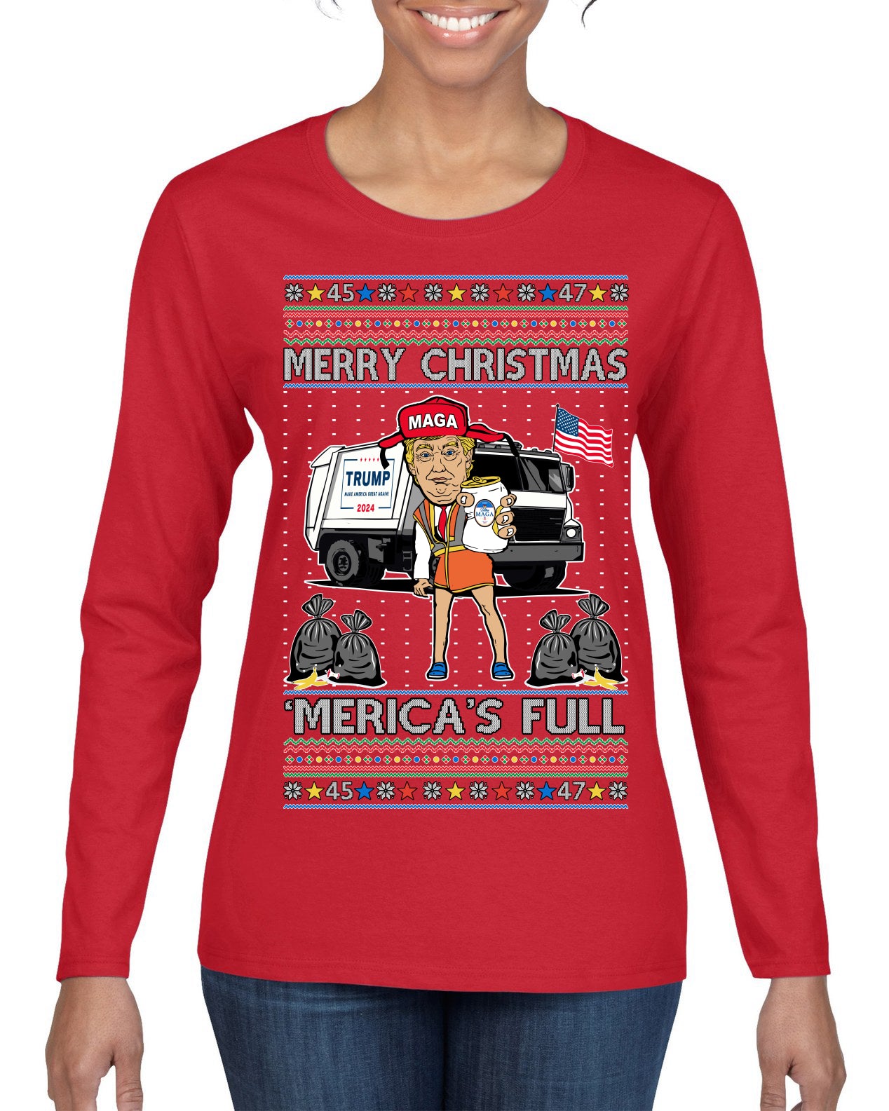 Donald Trump Merry Christmas Merica's Full Garbage Truck Ugly Christmas Sweater Womens Graphic Long Sleeve T-Shirt