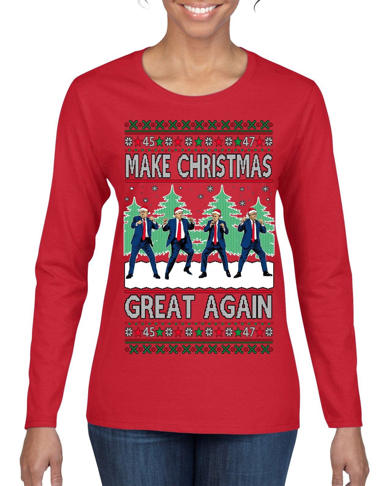 Make Christmas Great Again Shimmy Dance USA President Ugly Christmas Sweater Womens Graphic Long Sleeve T-Shirt