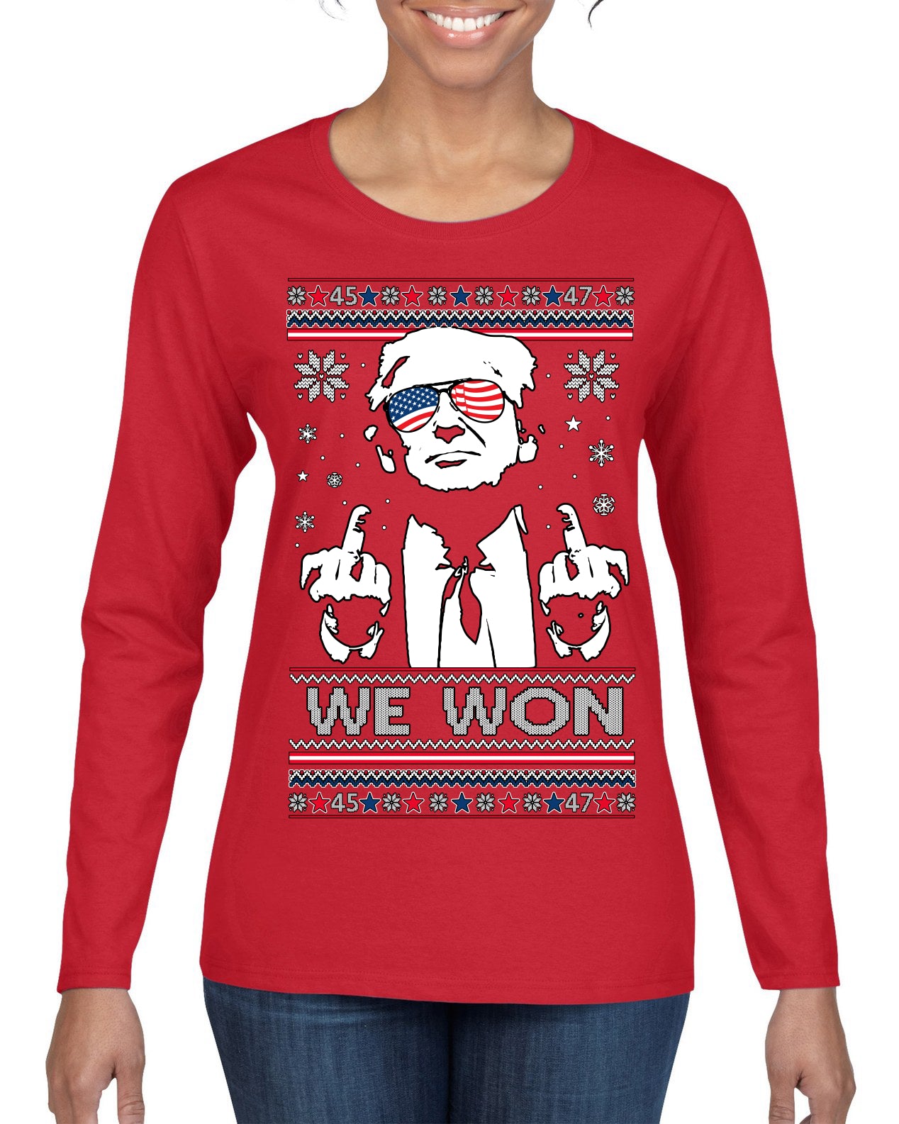 We Won Funny 45 47 President Trump Shot USA Glasses Ugly Christmas Sweater Womens Graphic Long Sleeve T-Shirt