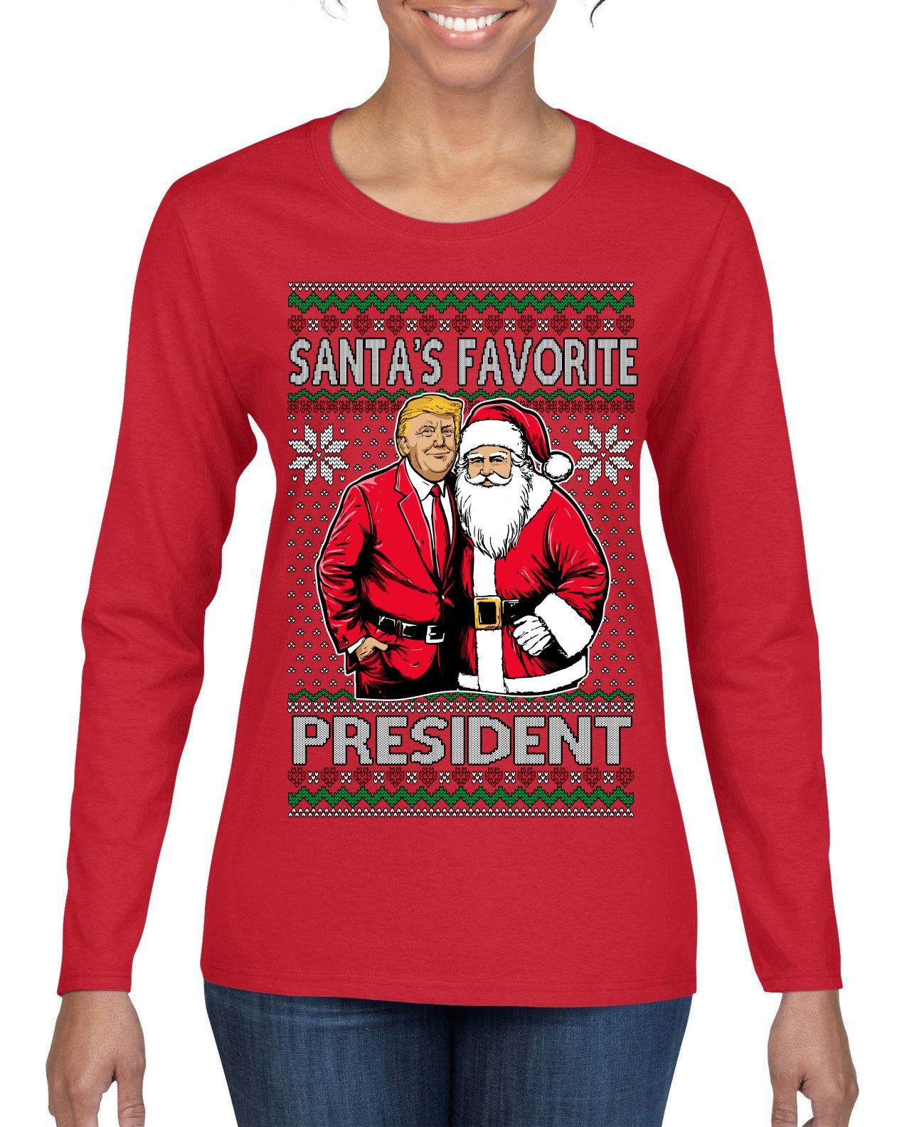 Santa's Favorite President Red Suit Trump Ugly Christmas Sweater Womens Graphic Long Sleeve T-Shirt