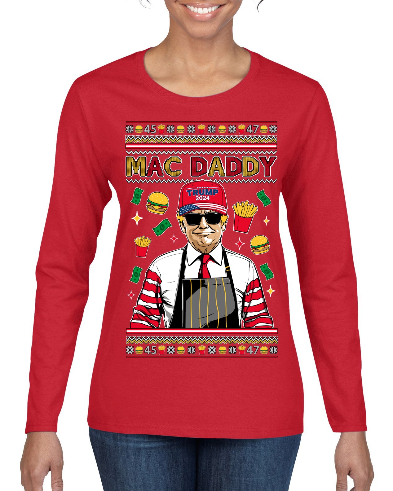 Mac Daddy Funny Viral Trump Meme Fast Food Fries Burgers Ugly Christmas Sweater Womens Graphic Long Sleeve T-Shirt