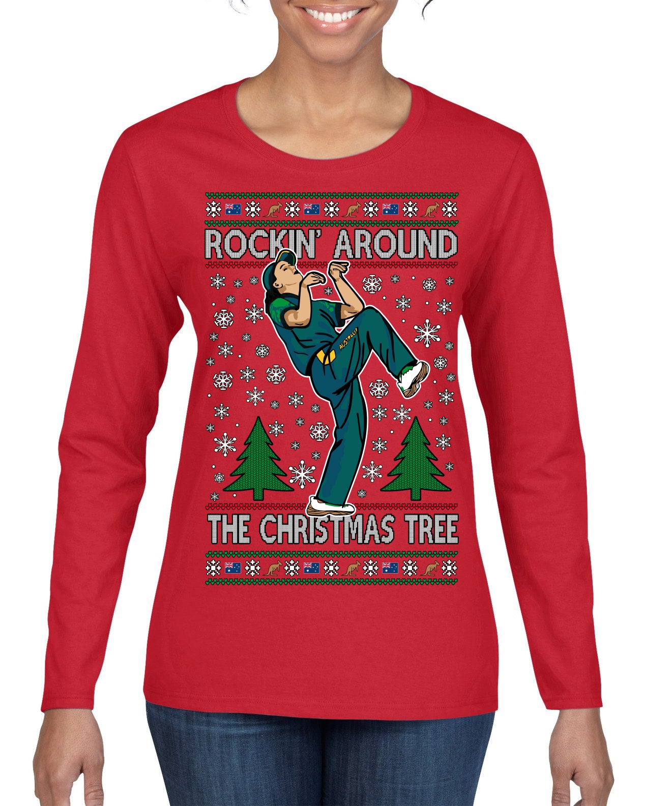 Rockin Around the Christmas Tree Raygun Viral Breakdancer Ugly Christmas Sweater Womens Graphic Long Sleeve T-Shirt