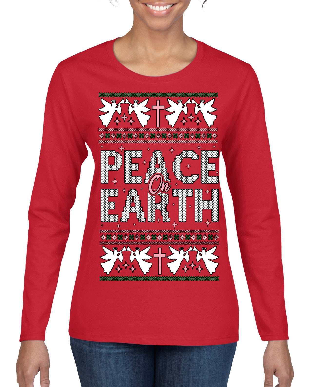 Peace On Earth Funny Xmas Cute Pink Angel Cross Ugly Christmas Sweater Womens Graphic Long Sleeve T-Shirt