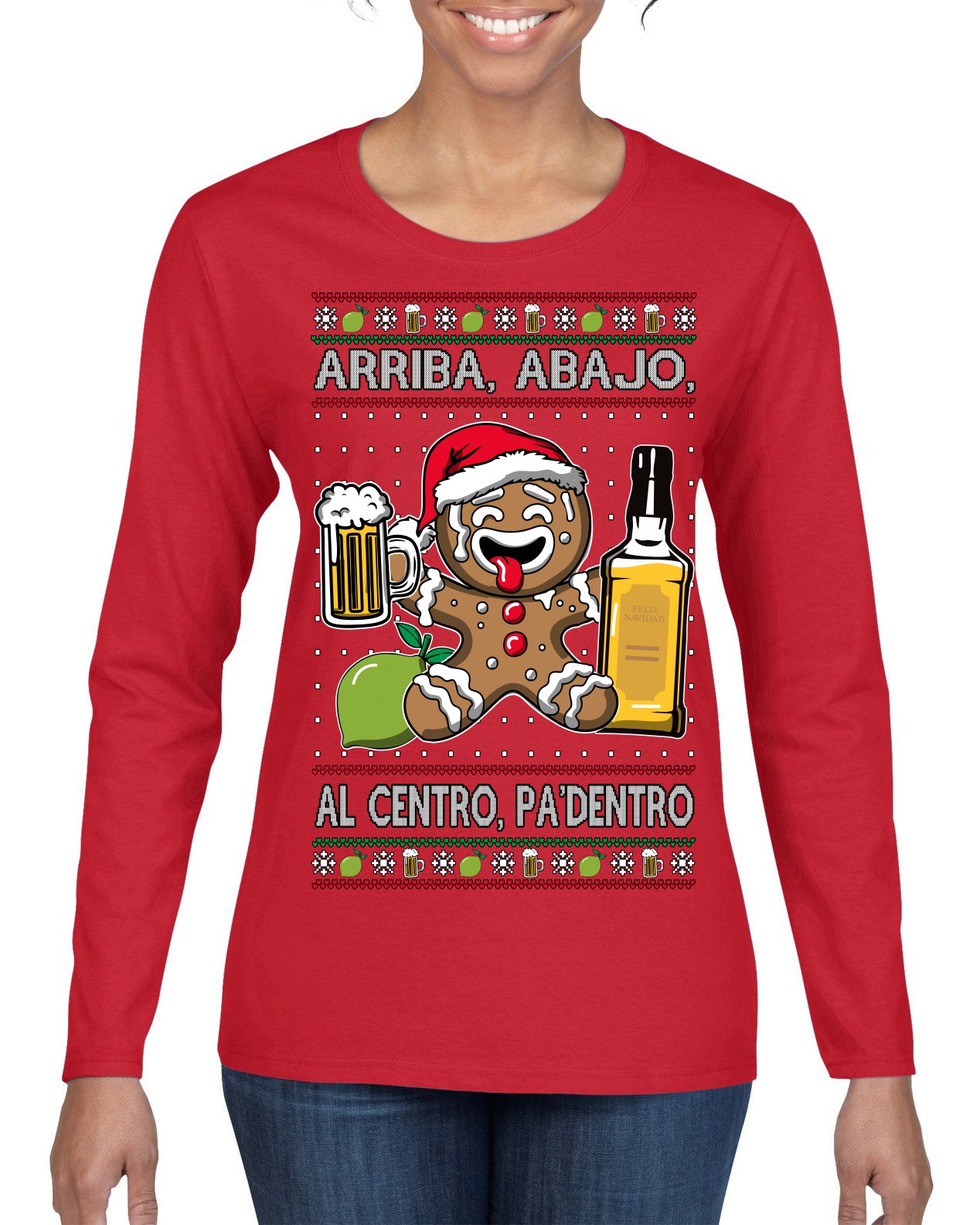 Arriba Abajo Al Centro Pa'Dentro Cheers to Health Salud Ugly Christmas Sweater Womens Graphic Long Sleeve T-Shirt