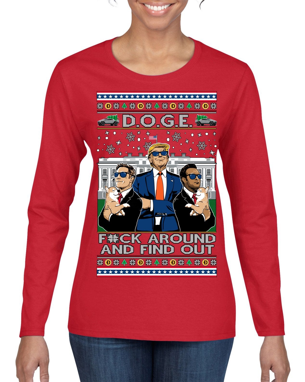 Doge F Around and Find Out Donald Trump Elon Vivek MAGA Ugly Christmas Sweater Womens Graphic Long Sleeve T-Shirt