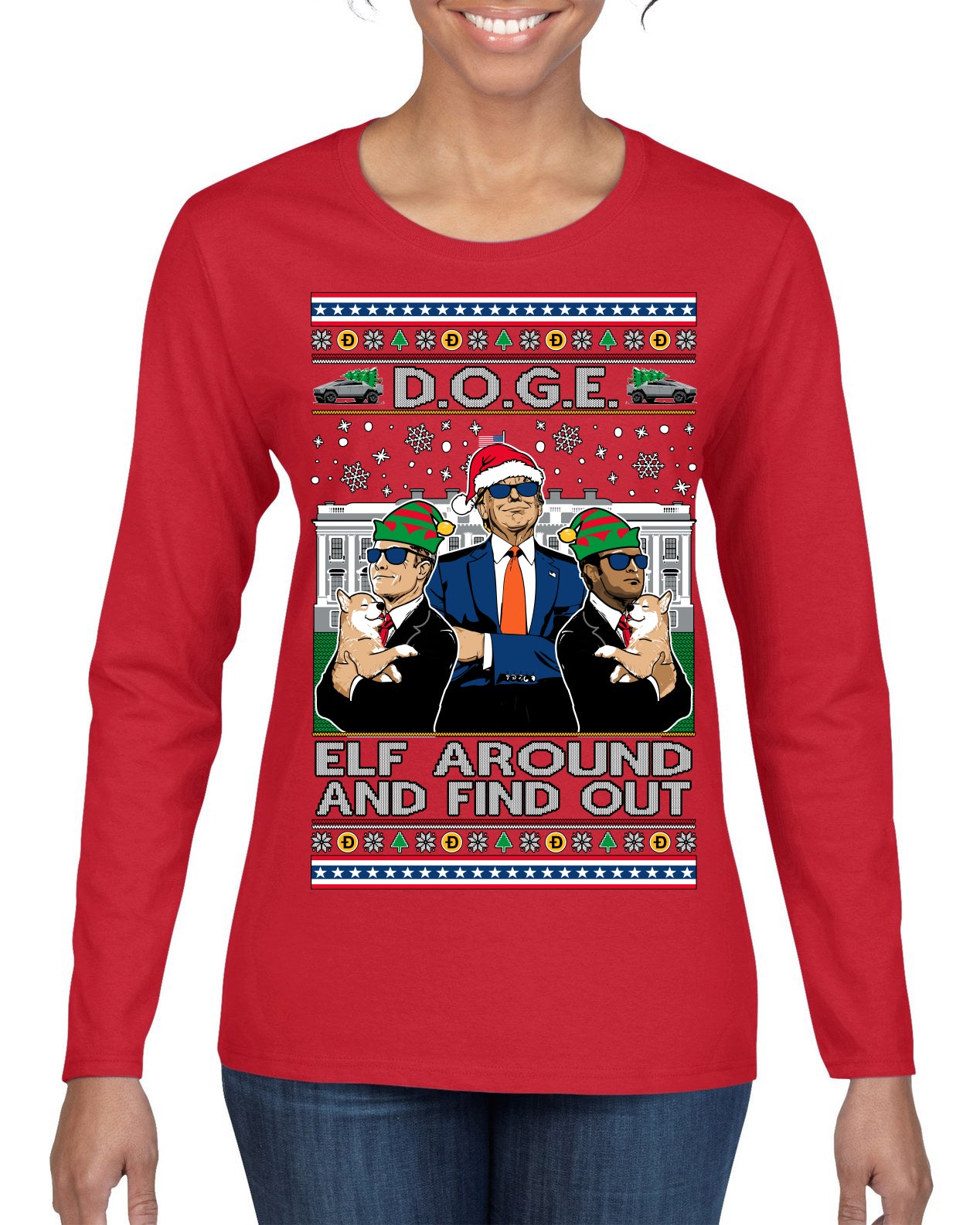 Doge Elf Around and Find Out Trump Elon Vivek MAGA Ugly Christmas Sweater Womens Graphic Long Sleeve T-Shirt