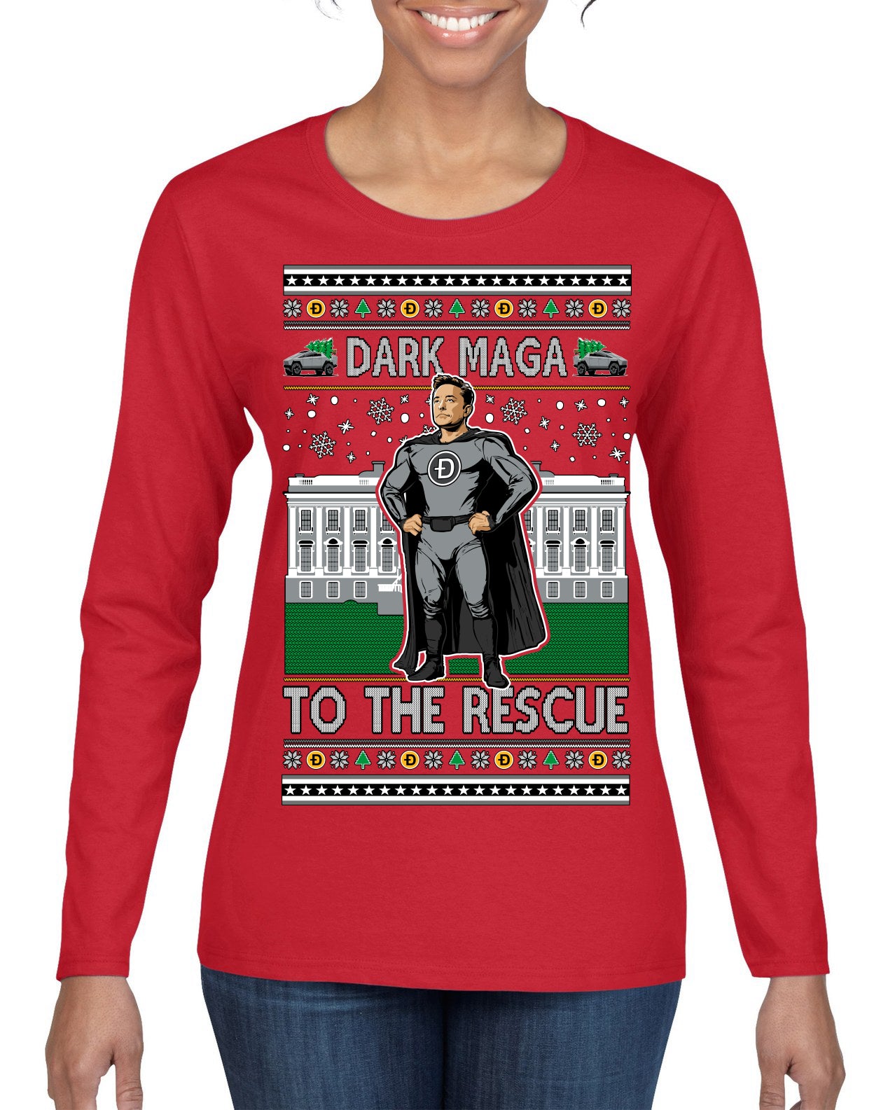Dark MAGA to the Rescue Elon Superhero Doge Crypto Ugly Christmas Sweater Womens Graphic Long Sleeve T-Shirt
