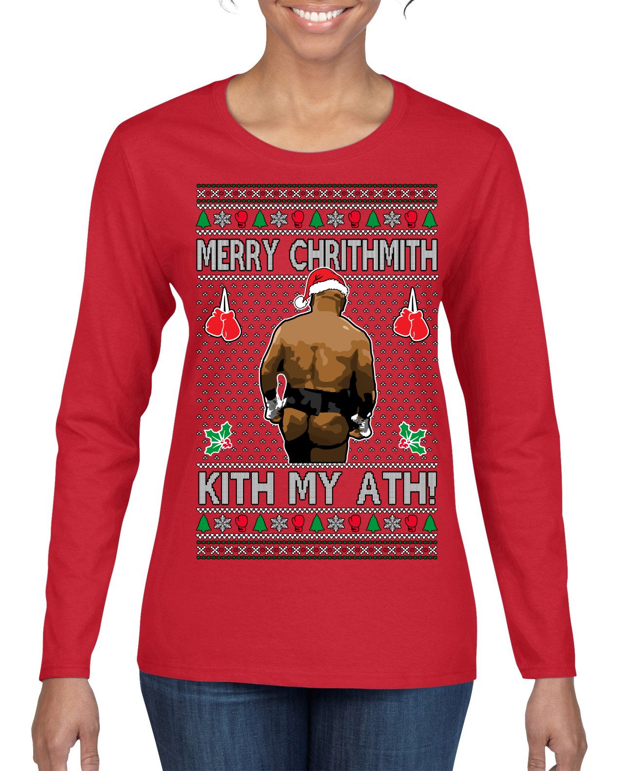 Merry Chrithmith Kith My Ath, Butt Viral Kiss My Ass Boxing Fight Meme Ugly Christmas Sweater Womens Graphic Long Sleeve T-Shirt