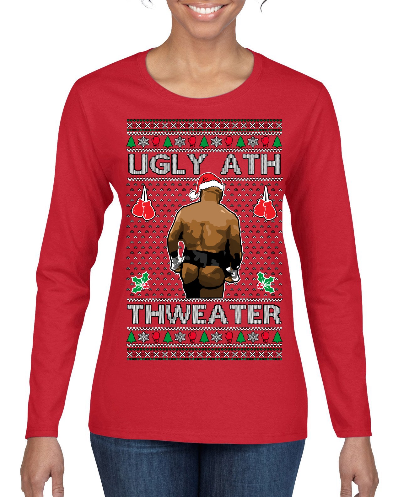 Ugly Ath Sweater Merry Chrithmith, Butt Viral Ugly Ass Boxing Fight Meme Ugly Christmas Sweater Womens Graphic Long Sleeve T-Shirt