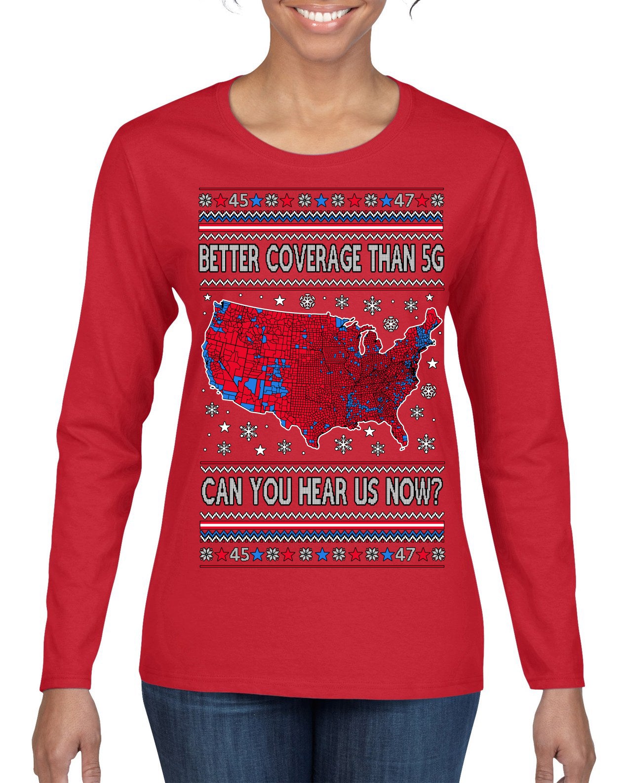 Trump 2024 Better Coverage than 5G Red Wave Landslide Ugly Christmas Sweater Womens Graphic Long Sleeve T-Shirt