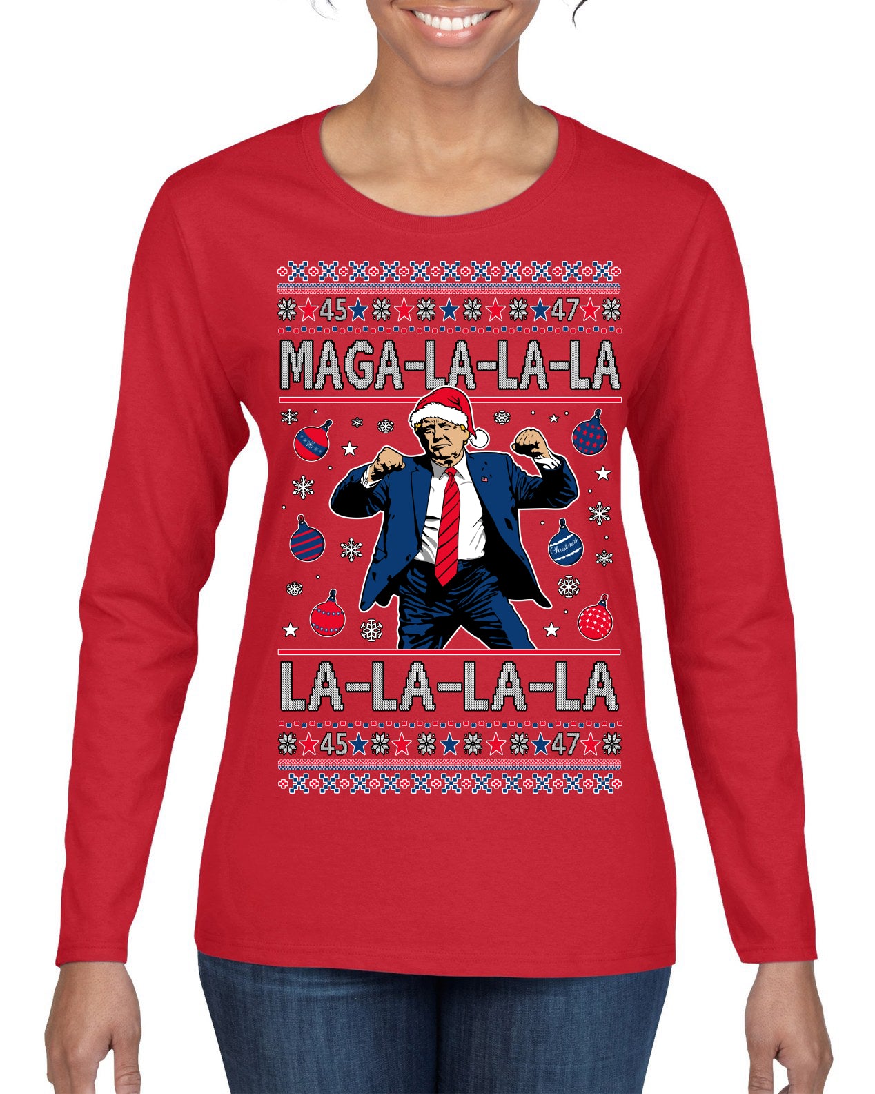 Maga La La La Funny Donald Trump Christmas Carol Song Ugly Christmas Sweater Womens Graphic Long Sleeve T-Shirt
