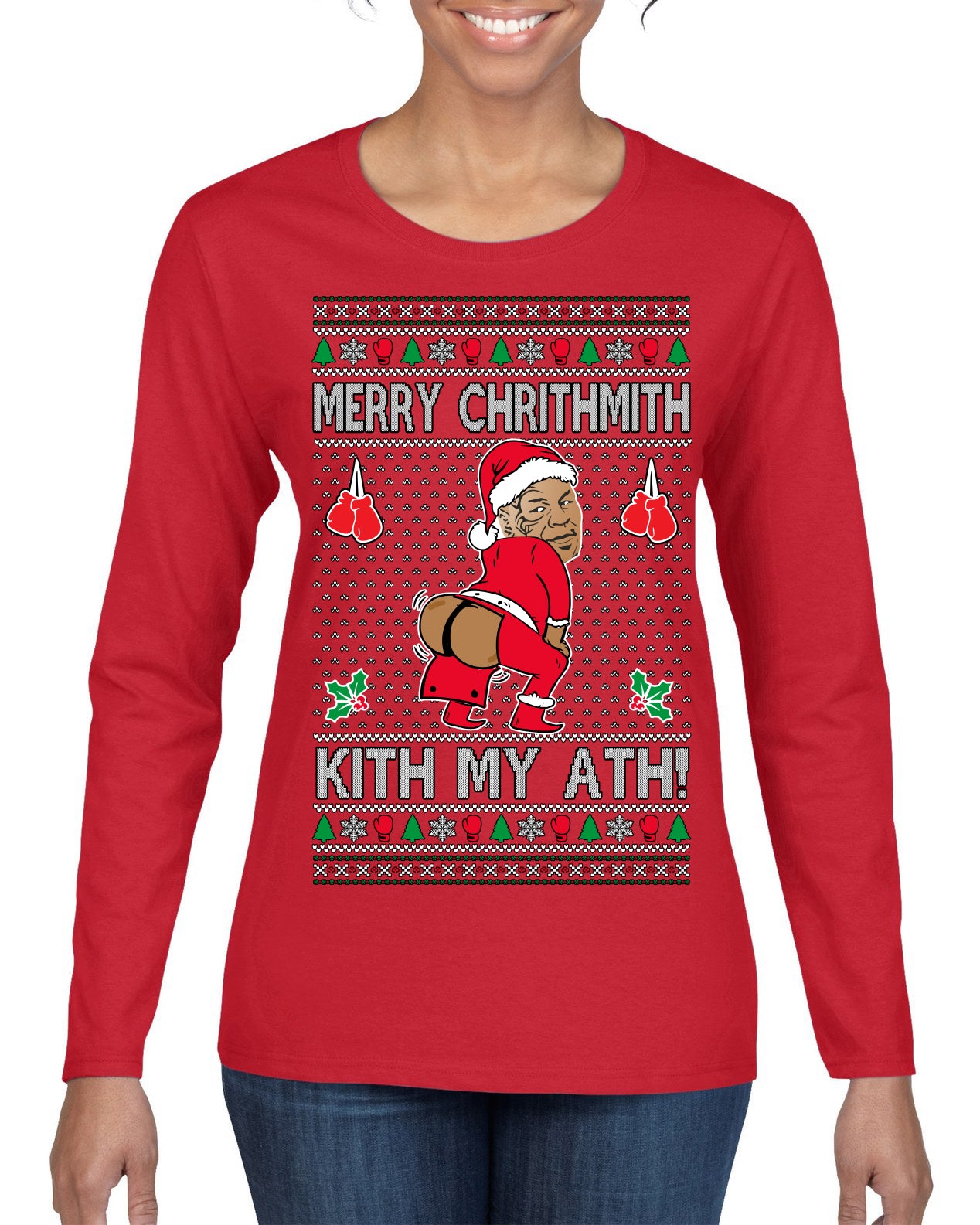 Merry Chrithmith Kith My Ath, Funny Butt Dancing, Viral Kiss My Ass Boxing Fight Meme, Men Women Ugly Christmas Sweater Womens Graphic Long Sleeve T-Shirt