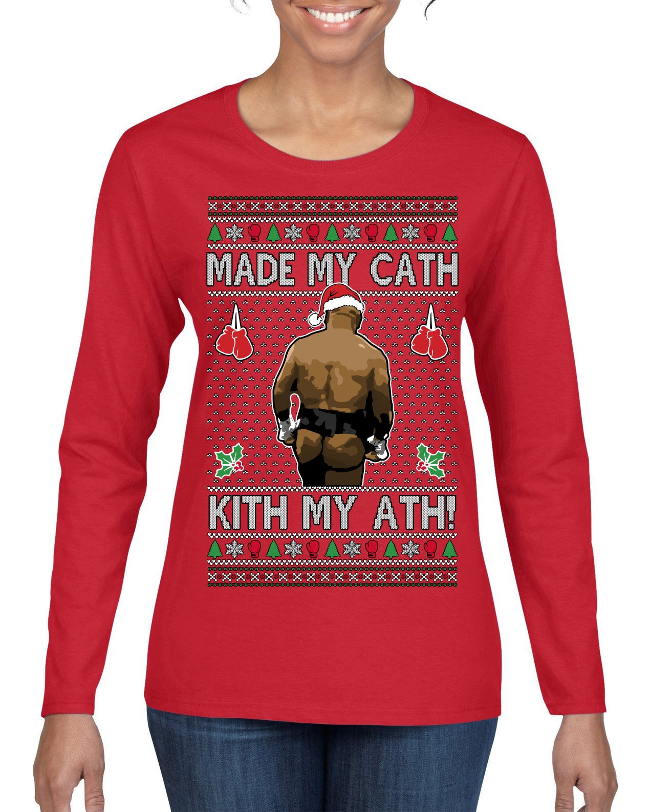 Made My Cath Kith My Ath, Funny Cash Money Viral Kiss My Ass Boxing Fight Meme, Men Women Ugly Christmas Sweater Womens Graphic Long Sleeve T-Shirt