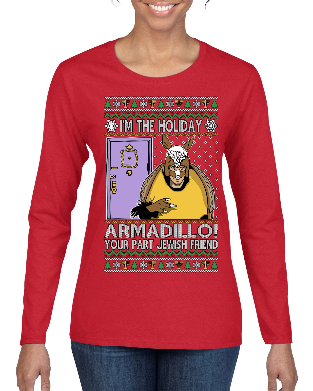 Holiday Armadillo Part Jewish TV Show Ugly Christmas Sweater Womens Graphic Long Sleeve T-Shirt