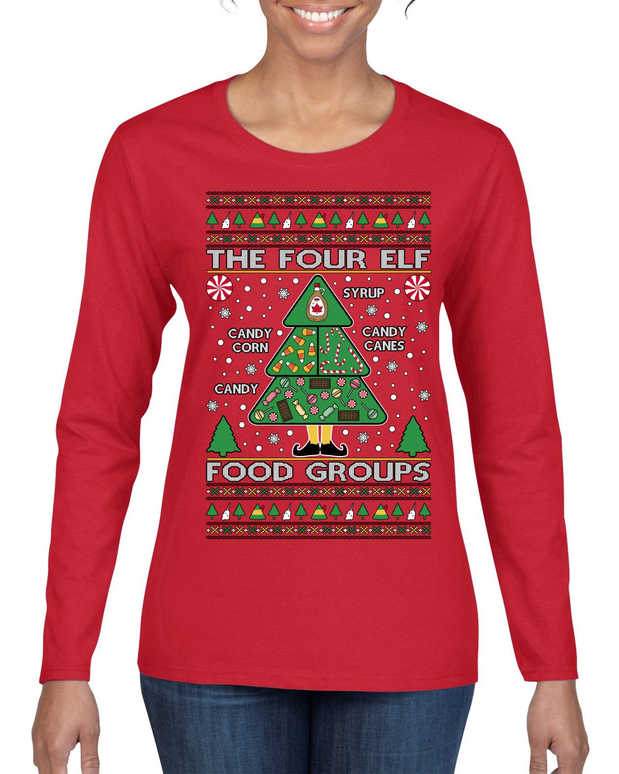 The Four Elf Food Groups Candy Canes Syrup Funny Ugly Christmas Sweater Womens Graphic Long Sleeve T-Shirt