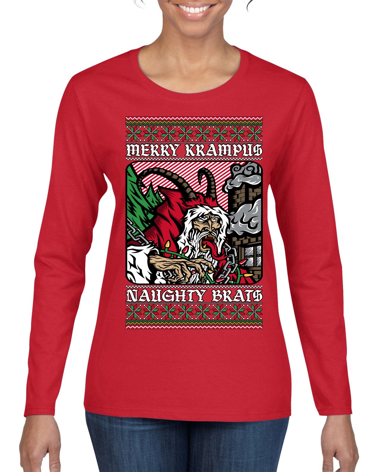 Merry Krampus Naughty Brats | Funny Ugly Christmas Sweater Womens Graphic Long Sleeve T-Shirt