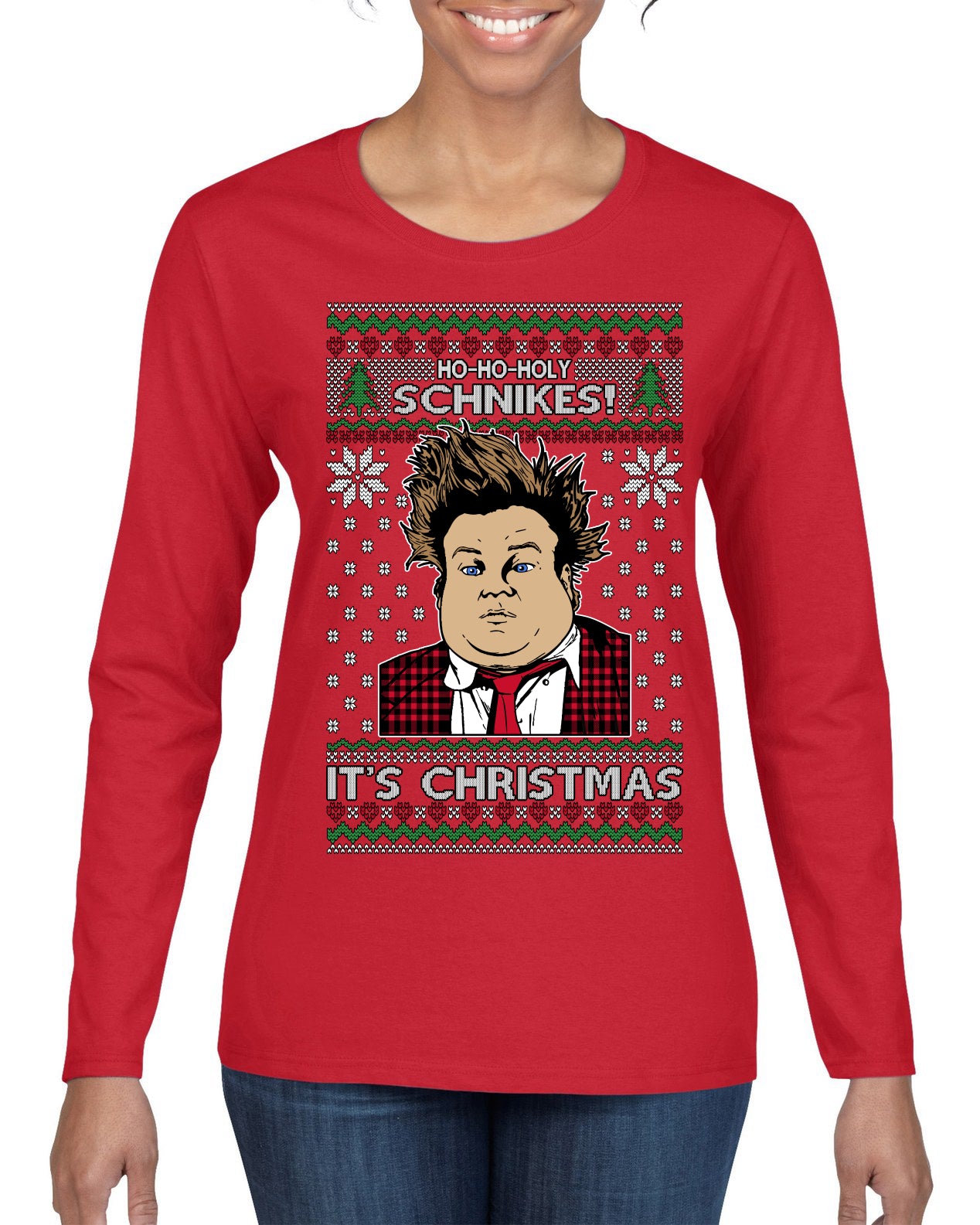 Ho Ho Holy Schnikes Funny 90s Classic Tommy Boy Movie Ugly Christmas Sweater Womens Graphic Long Sleeve T-Shirt