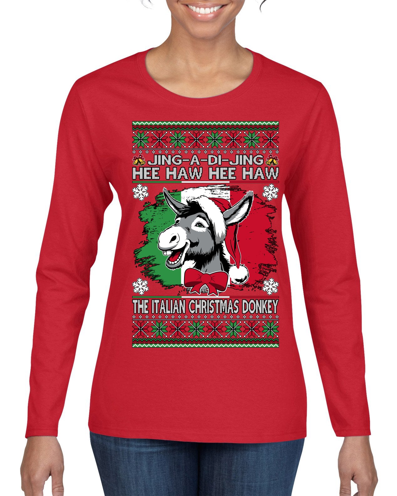 Jing a Di Jing Dominick the Italian Christmas Donkey Ugly Christmas Sweater Womens Graphic Long Sleeve T-Shirt