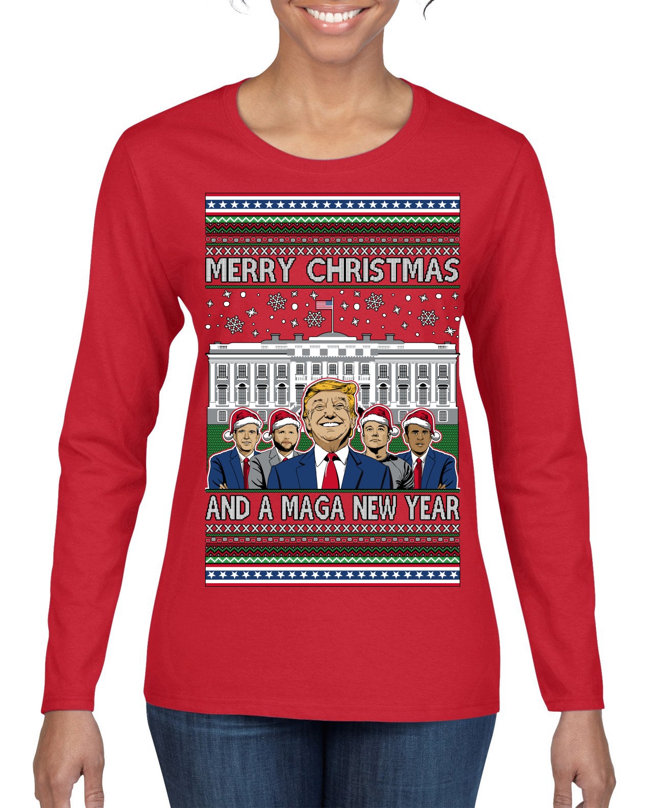 Merry Christmas and a MAGA New Year 2025 Ugly Christmas Sweater Womens Graphic Long Sleeve T-Shirt