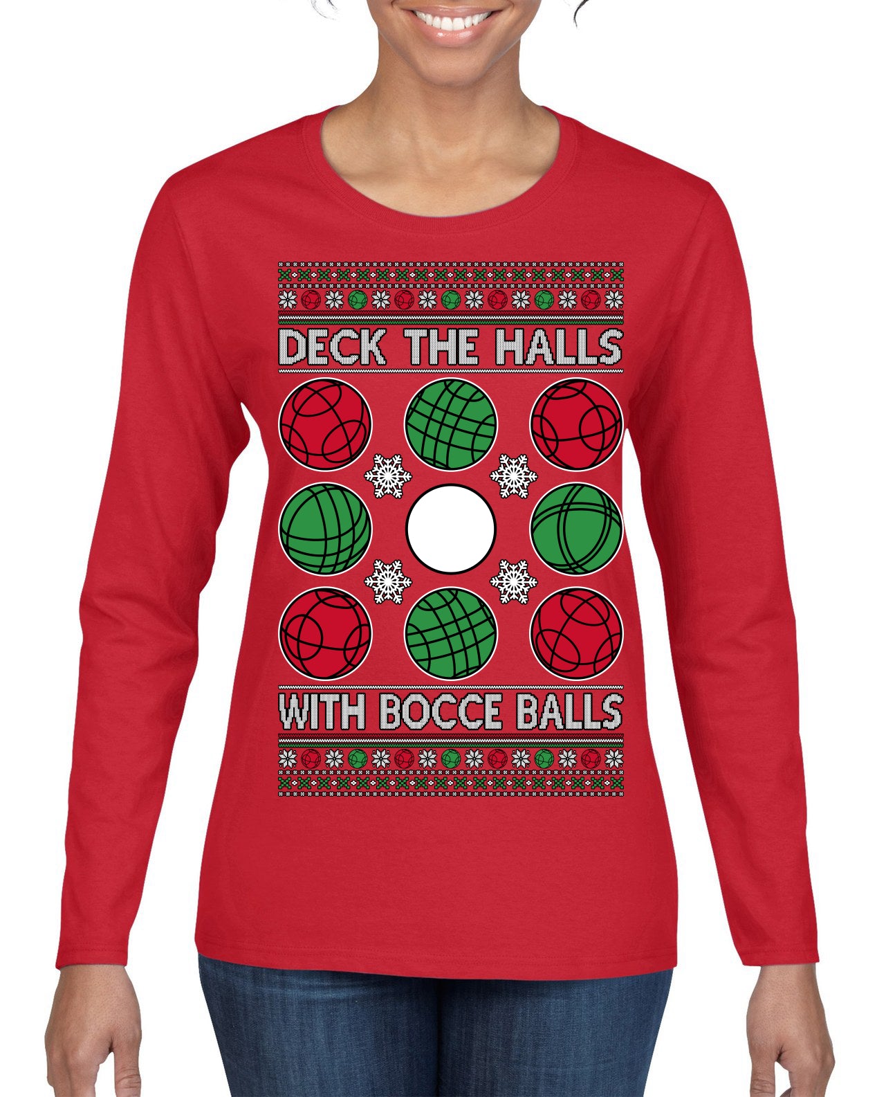 Deck the Halls with Bocce Balls, Funny Classic Italy Italian Sports Ugly Christmas Sweater Womens Graphic Long Sleeve T-Shirt