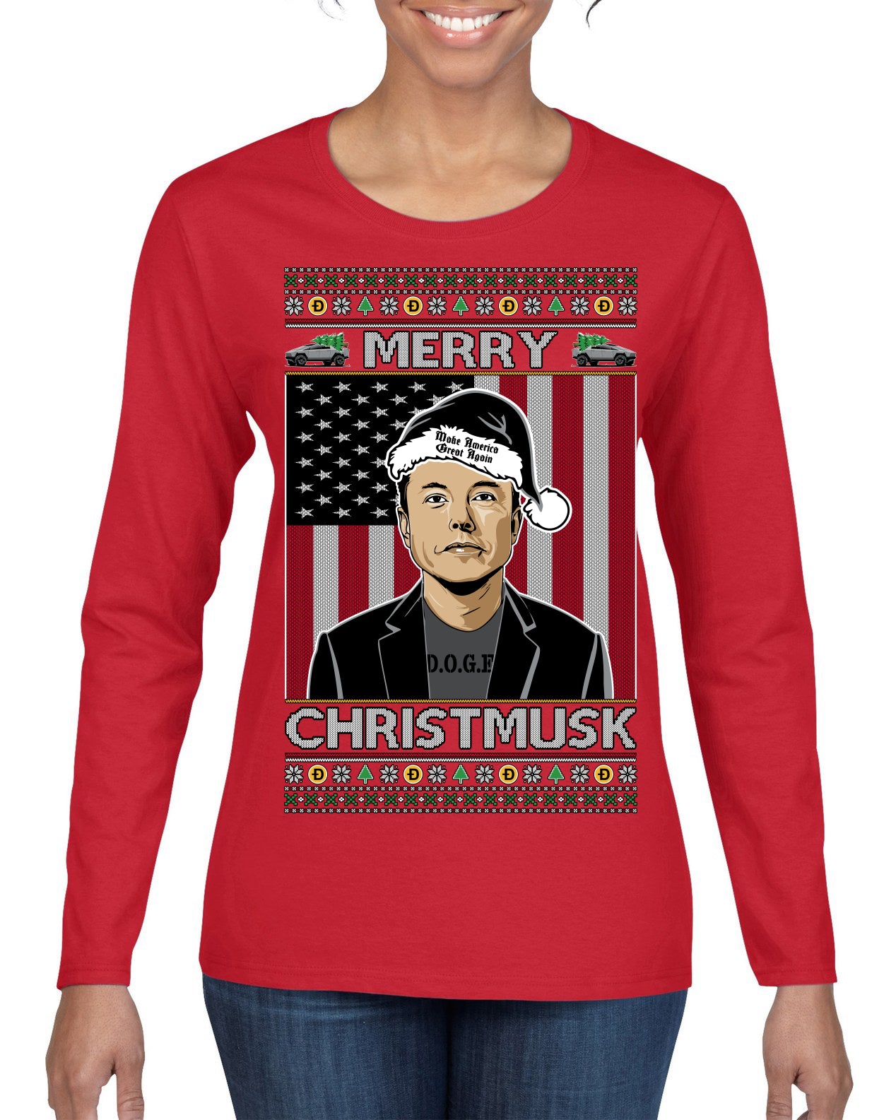 Merry Christmusk Funny Dark MAGA Santa Elon Doge Meme Ugly Christmas Sweater Womens Graphic Long Sleeve T-Shirt