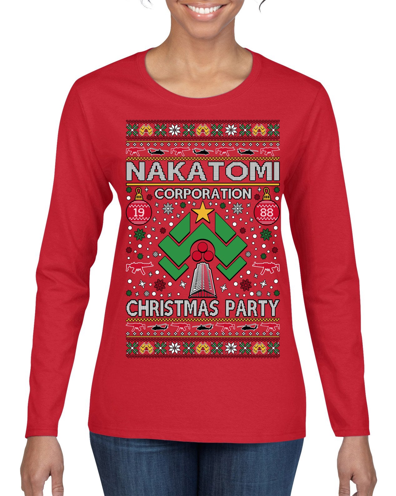 Nakatomi Corporation Christmas Party 1988 Plaza Logo, Classic Die Hard McClane 80s Xmas Movie Quote Ugly Christmas Sweater Womens Graphic Long Sleeve T-Shirt