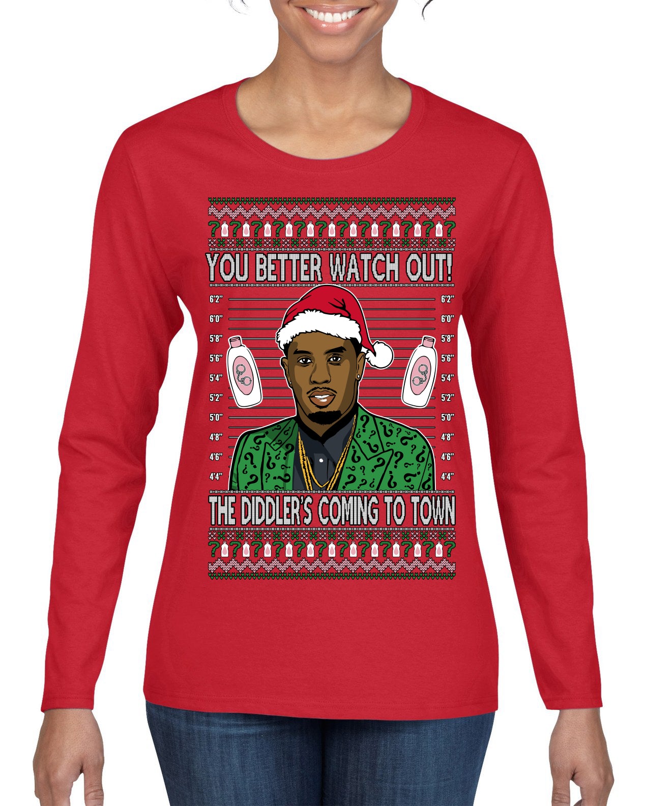 You Better Watch Out, the Diddler's Coming to Town, Funny Santa P Diddy Diddler Funny Party Viral Music Baby Oil Meme Ugly Christmas Sweater Womens Graphic Long Sleeve T-Shirt