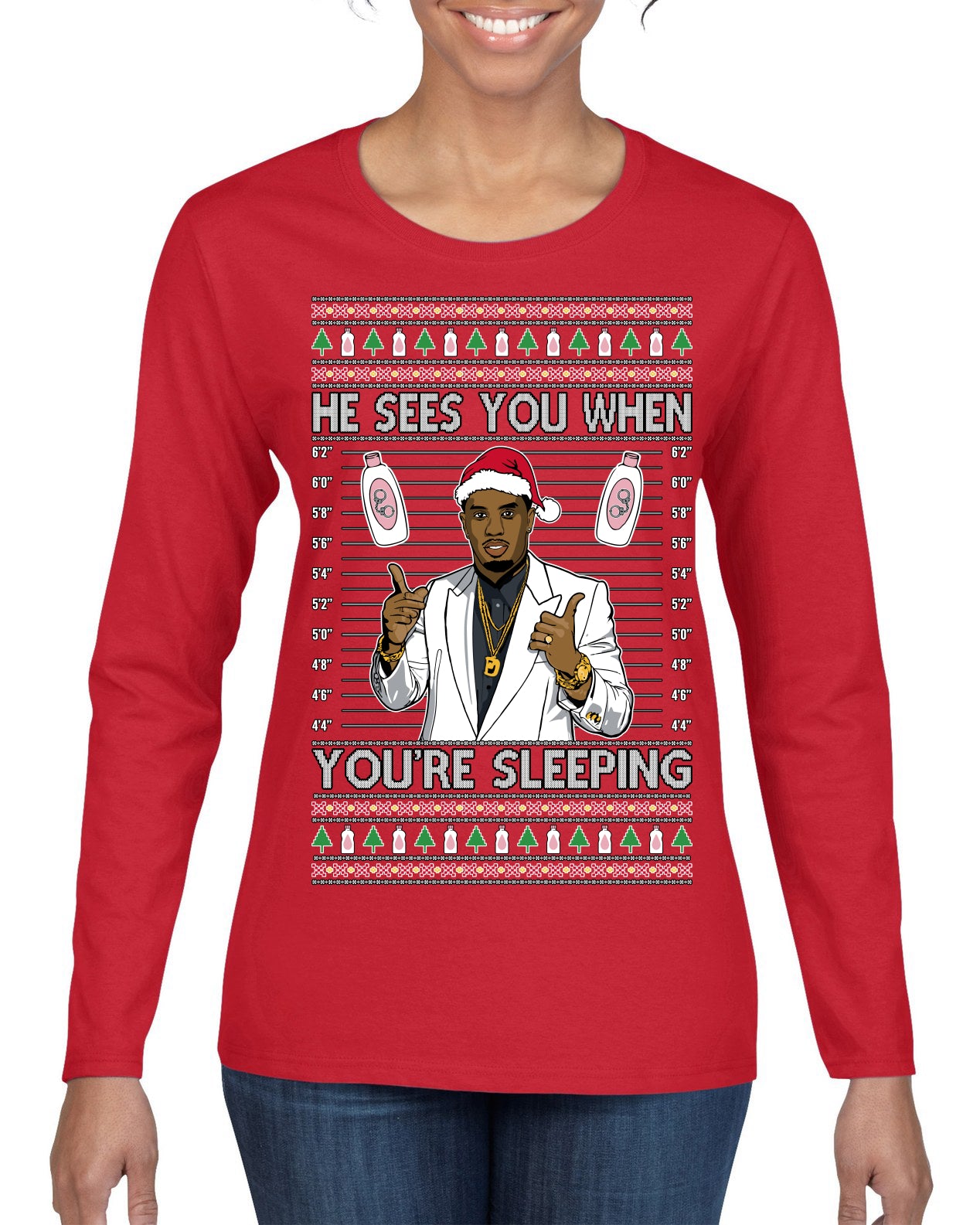 He Sees You When You're Sleeping, Funny Santa P Diddy Diddler Funny Party Viral Music Baby Oil Meme Ugly Christmas Sweater Womens Graphic Long Sleeve T-Shirt